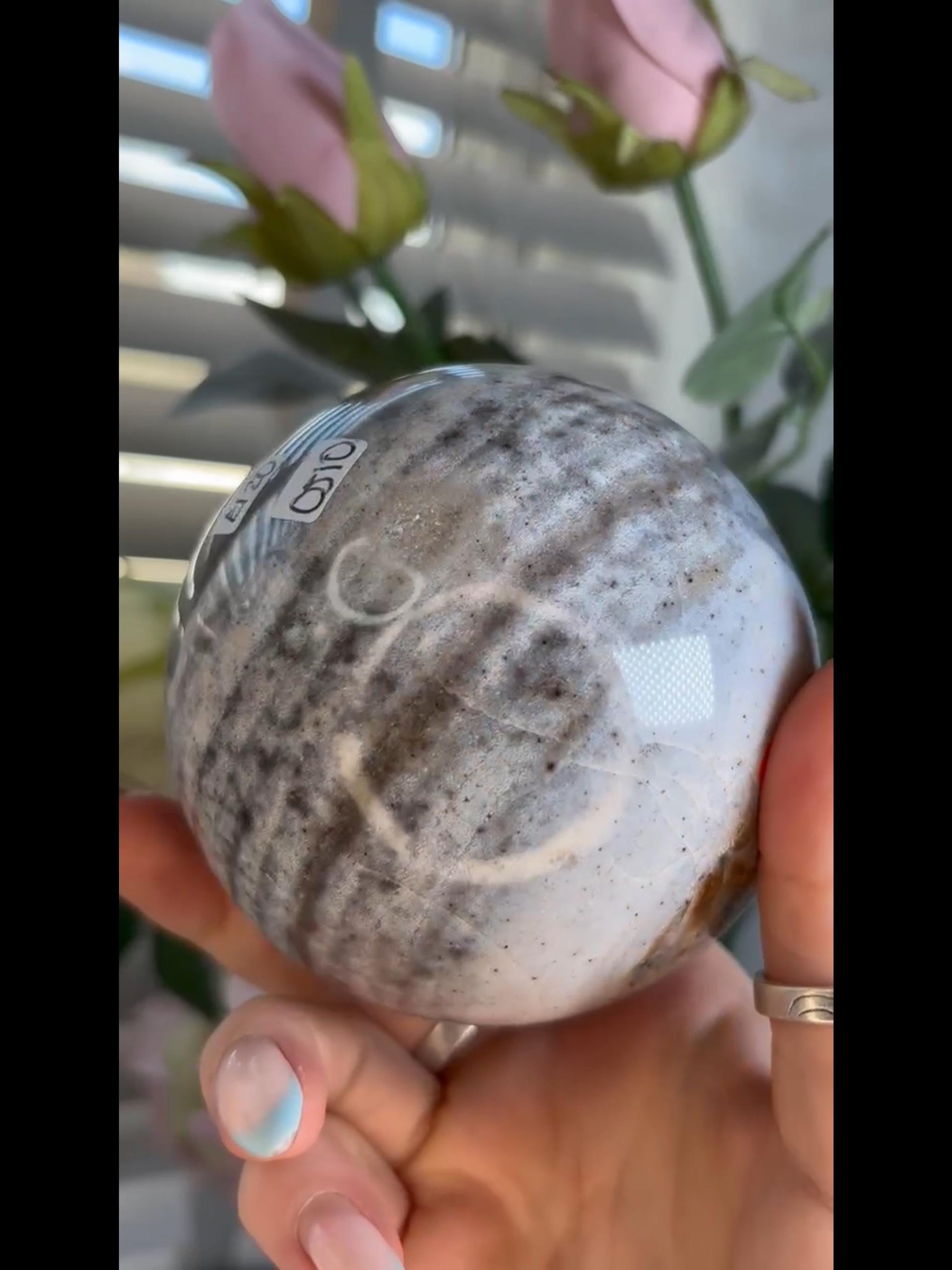 Pastel ocean jasper sphere in blue & grey tones with banding