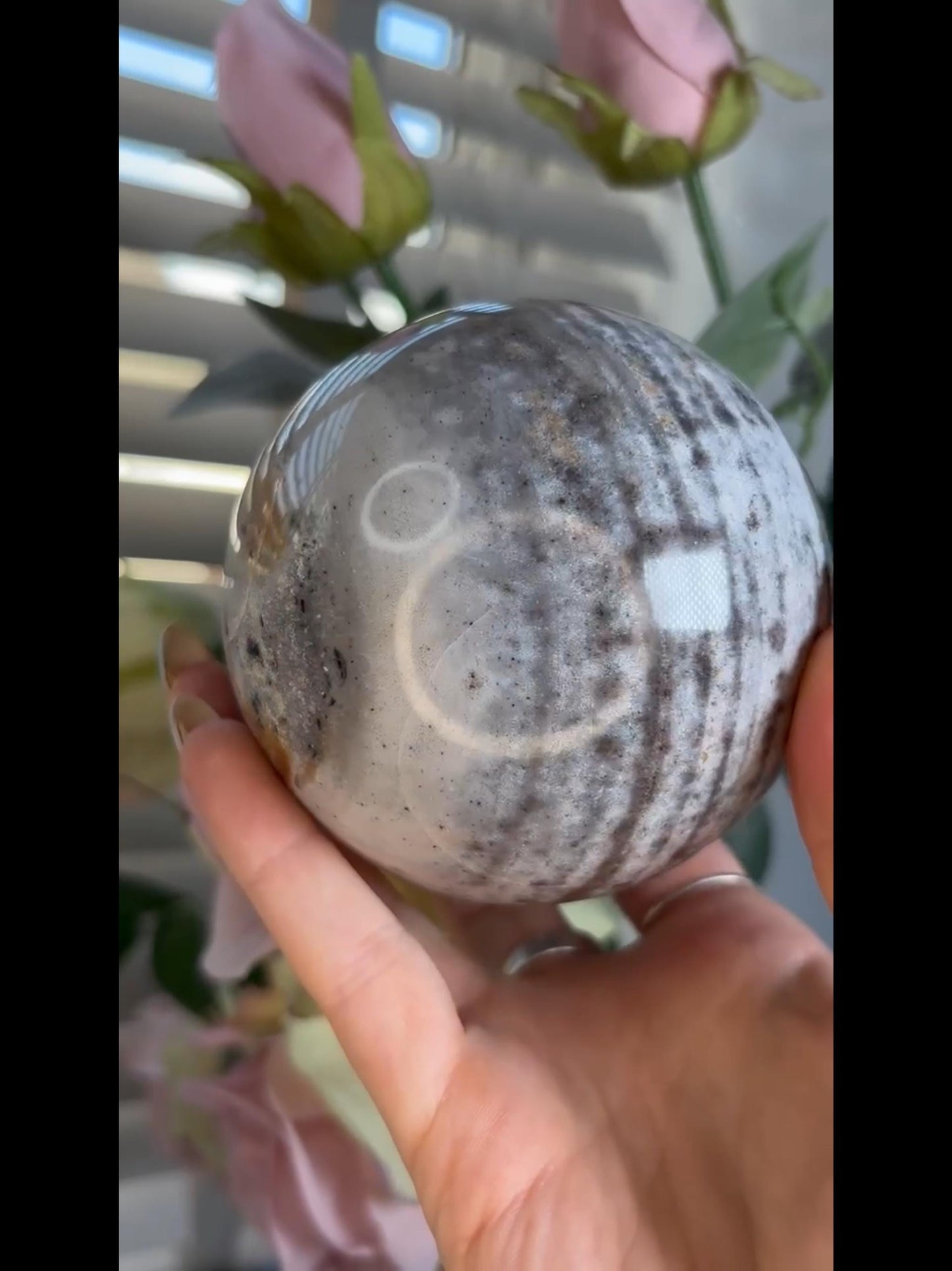Pastel ocean jasper sphere in blue & grey tones with banding