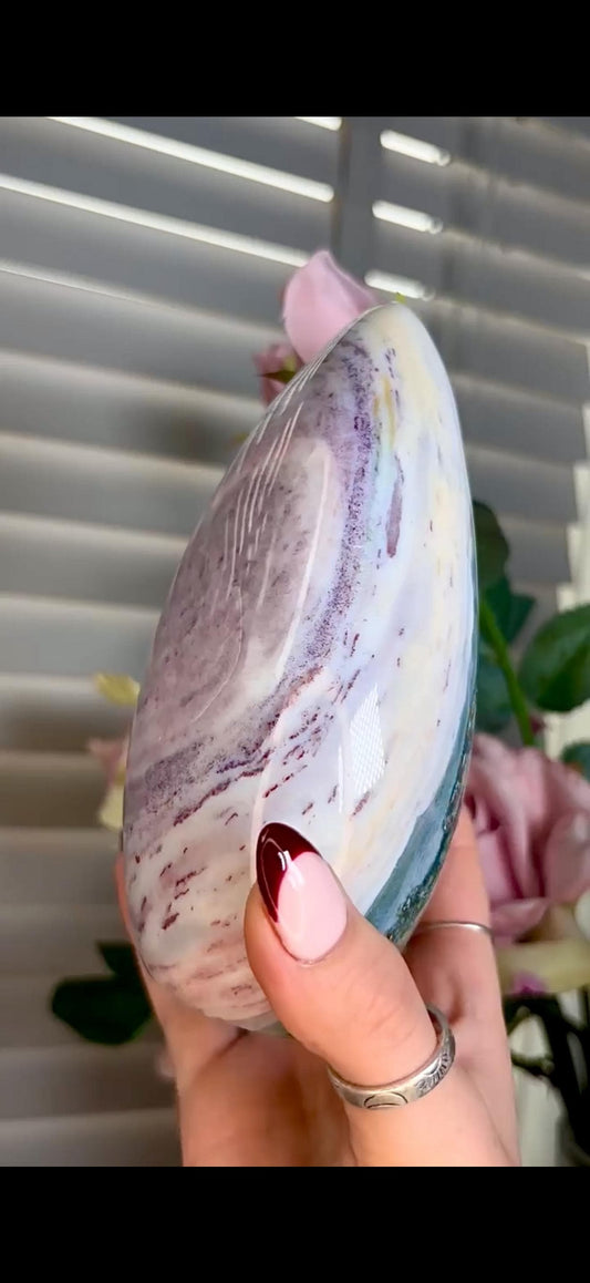 Beautiful, large ocean jasper Freeform in pastel blue, pink & green tones