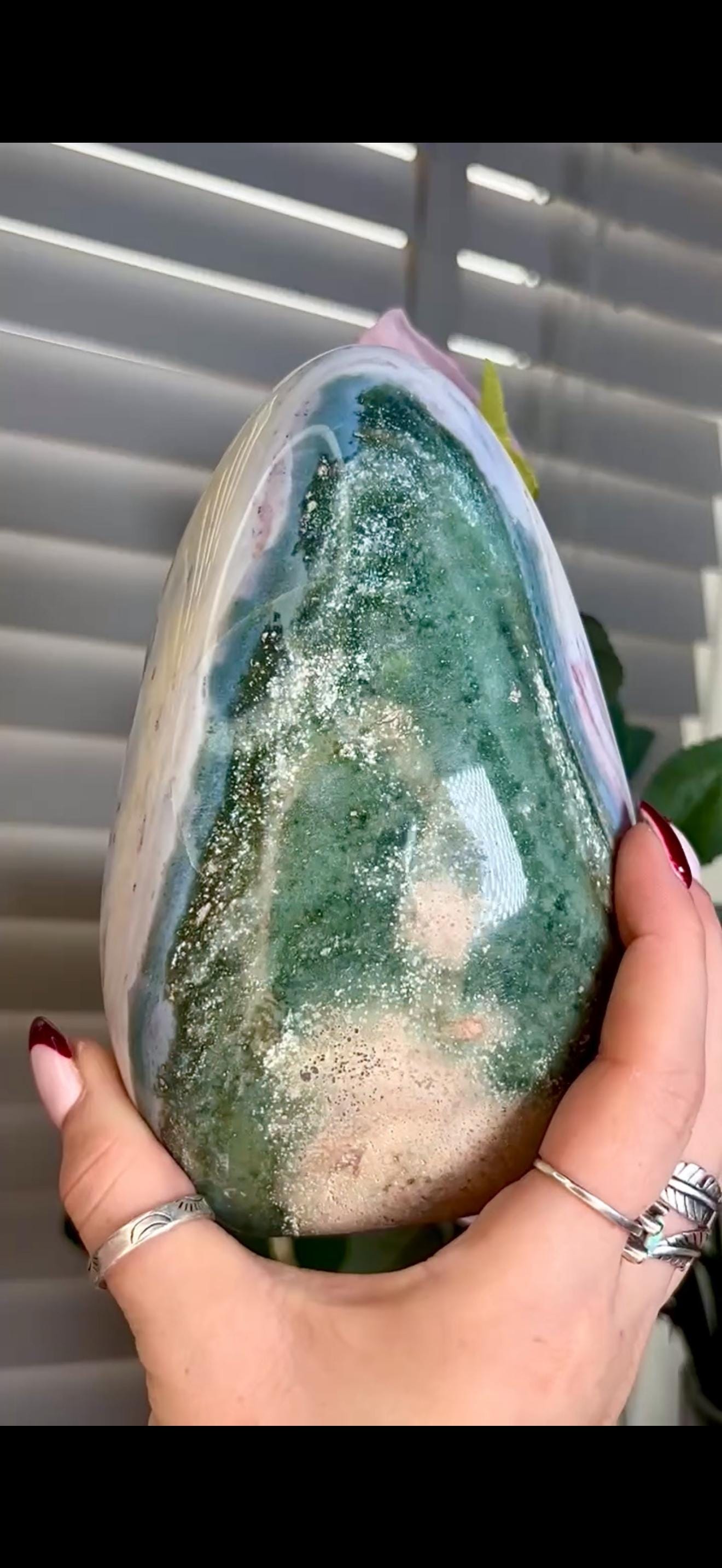 Beautiful, large ocean jasper Freeform in pastel blue, pink & green tones