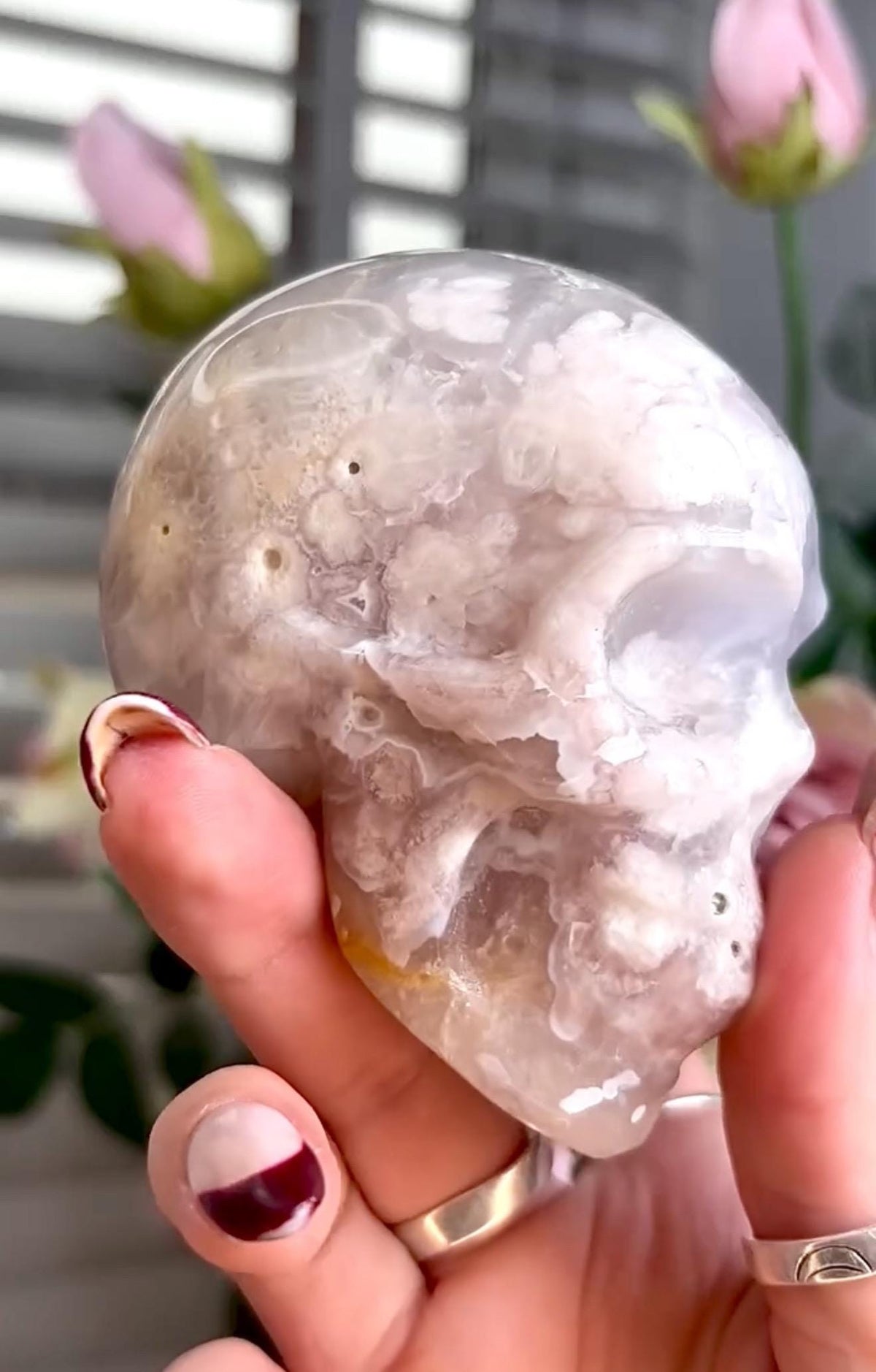 Flower agate skull in pink & blue tones