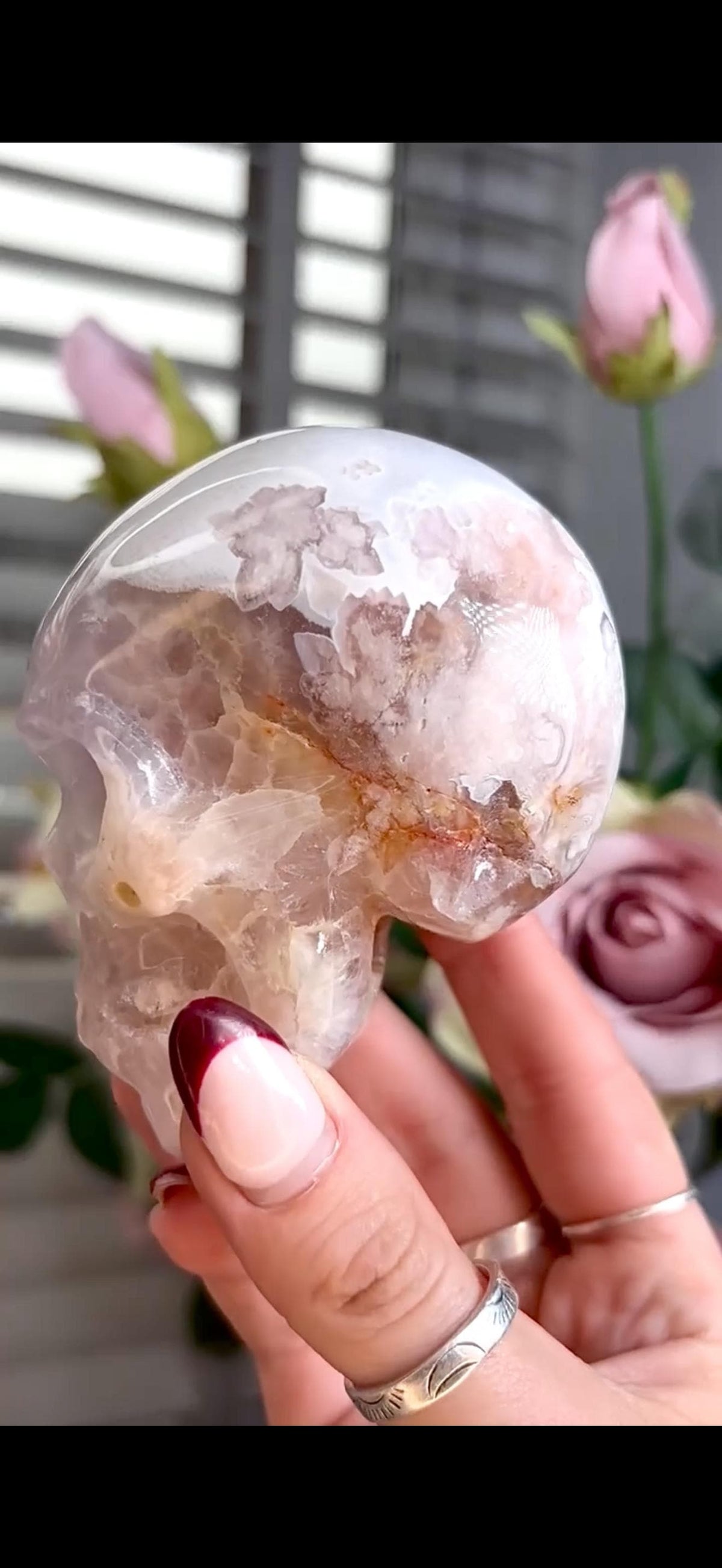 Flower agate skull in pink & blue tones