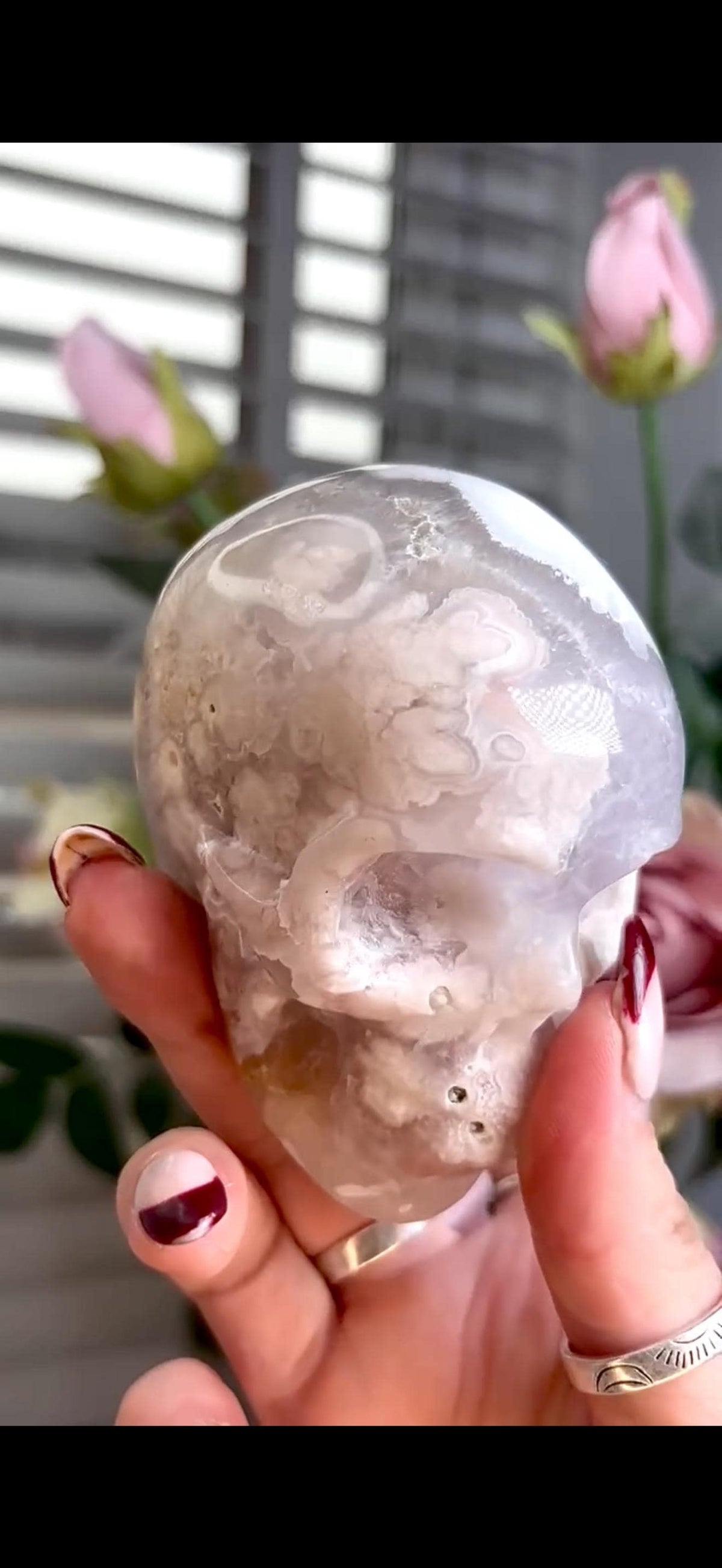 Flower agate skull in pink & blue tones