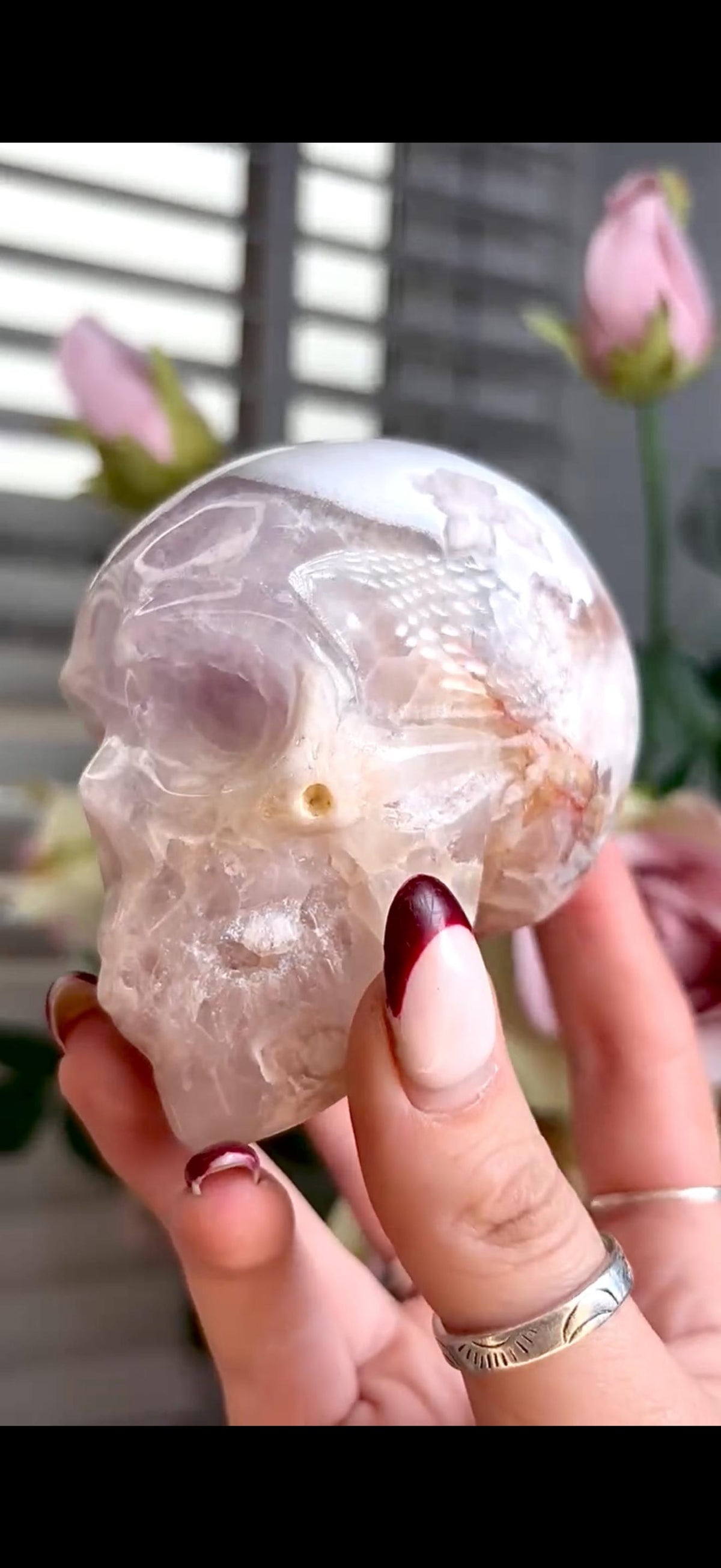 Flower agate skull in pink & blue tones