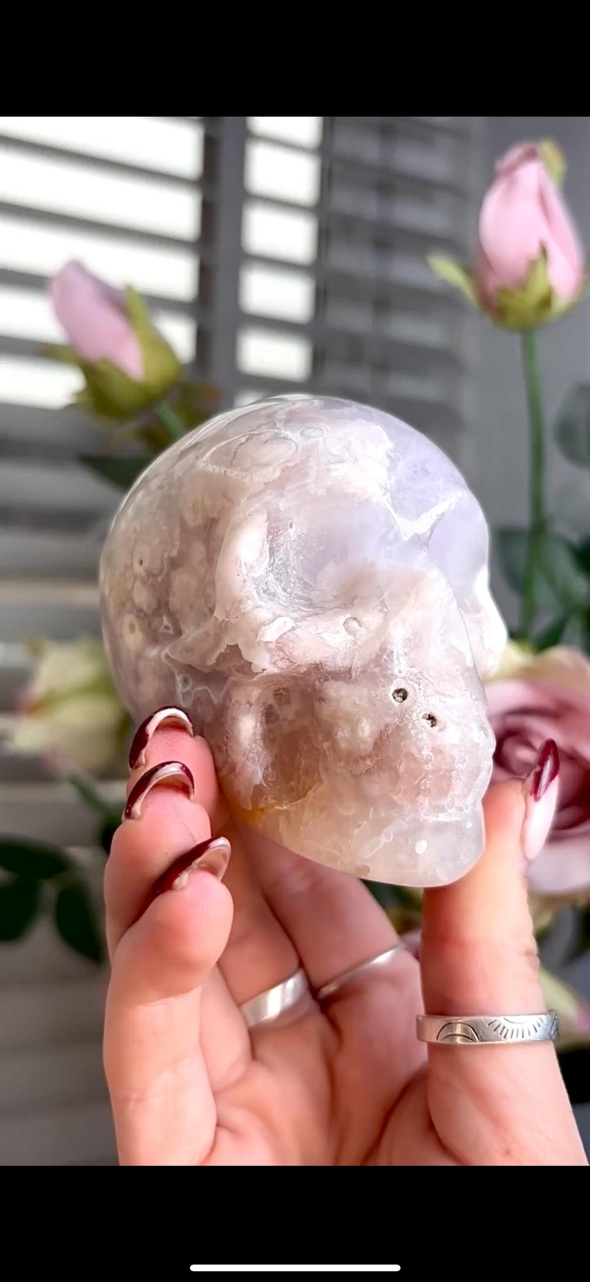 Flower agate skull in pink & blue tones