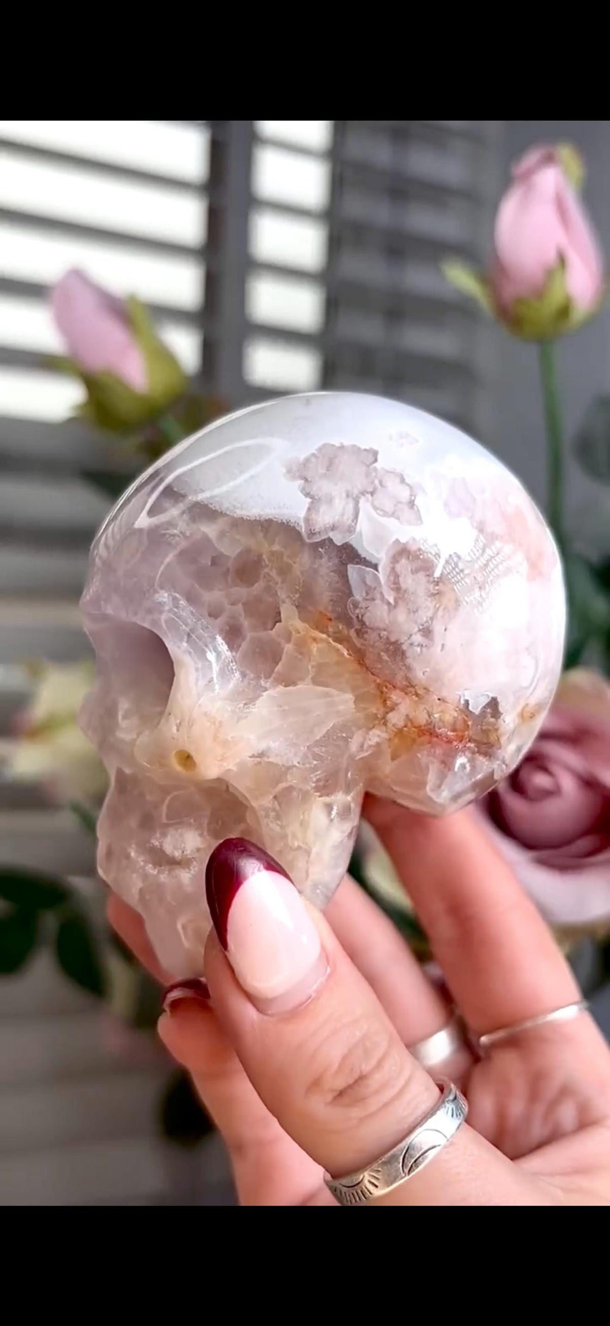 Flower agate skull in pink & blue tones