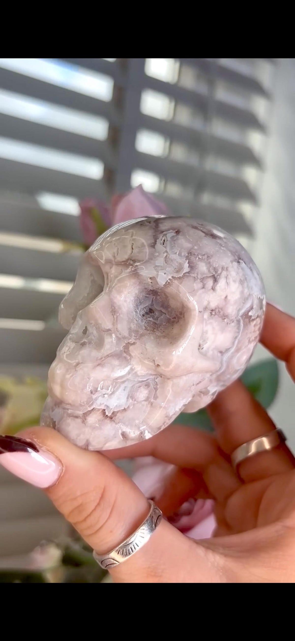 Flower agate skull in pink & blue tones with druzy face