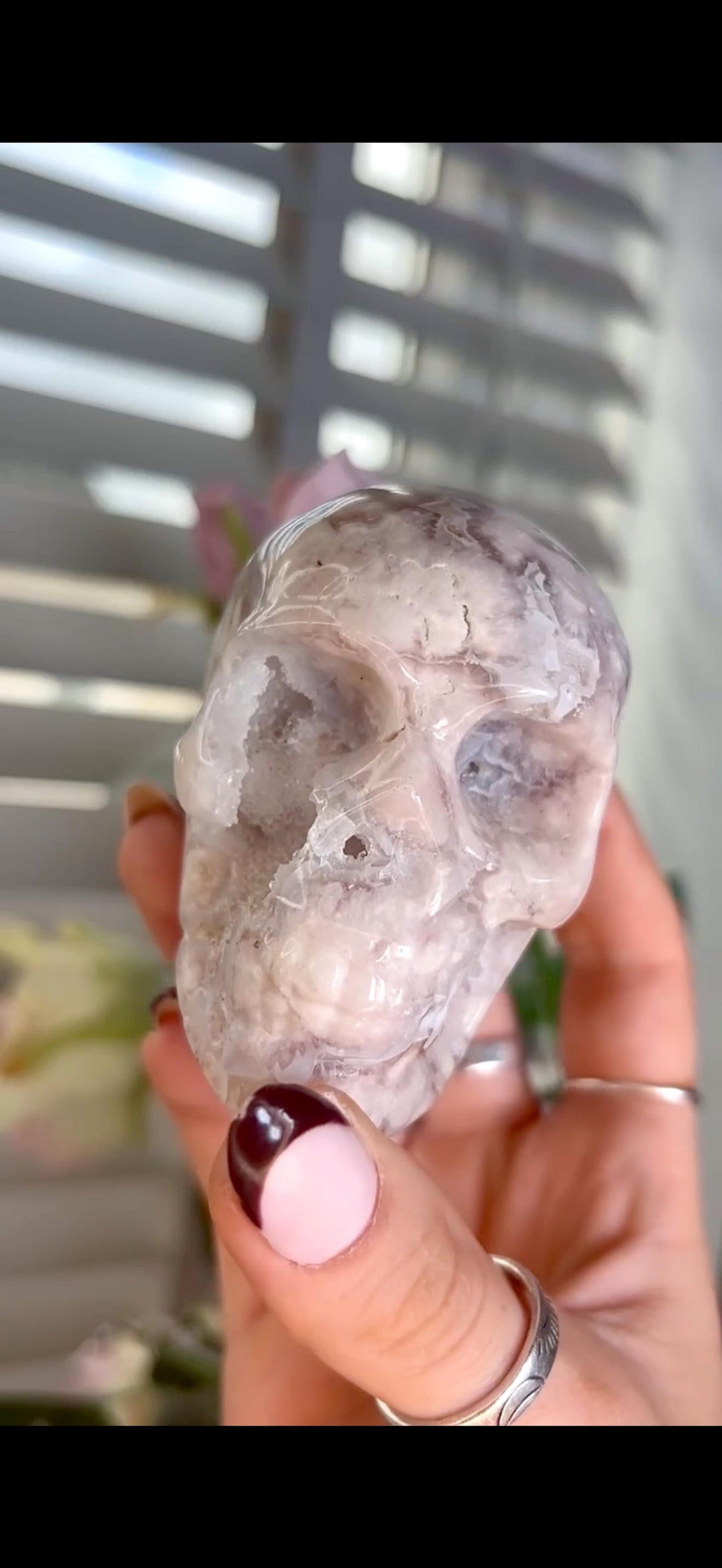 Flower agate skull in pink & blue tones with druzy face