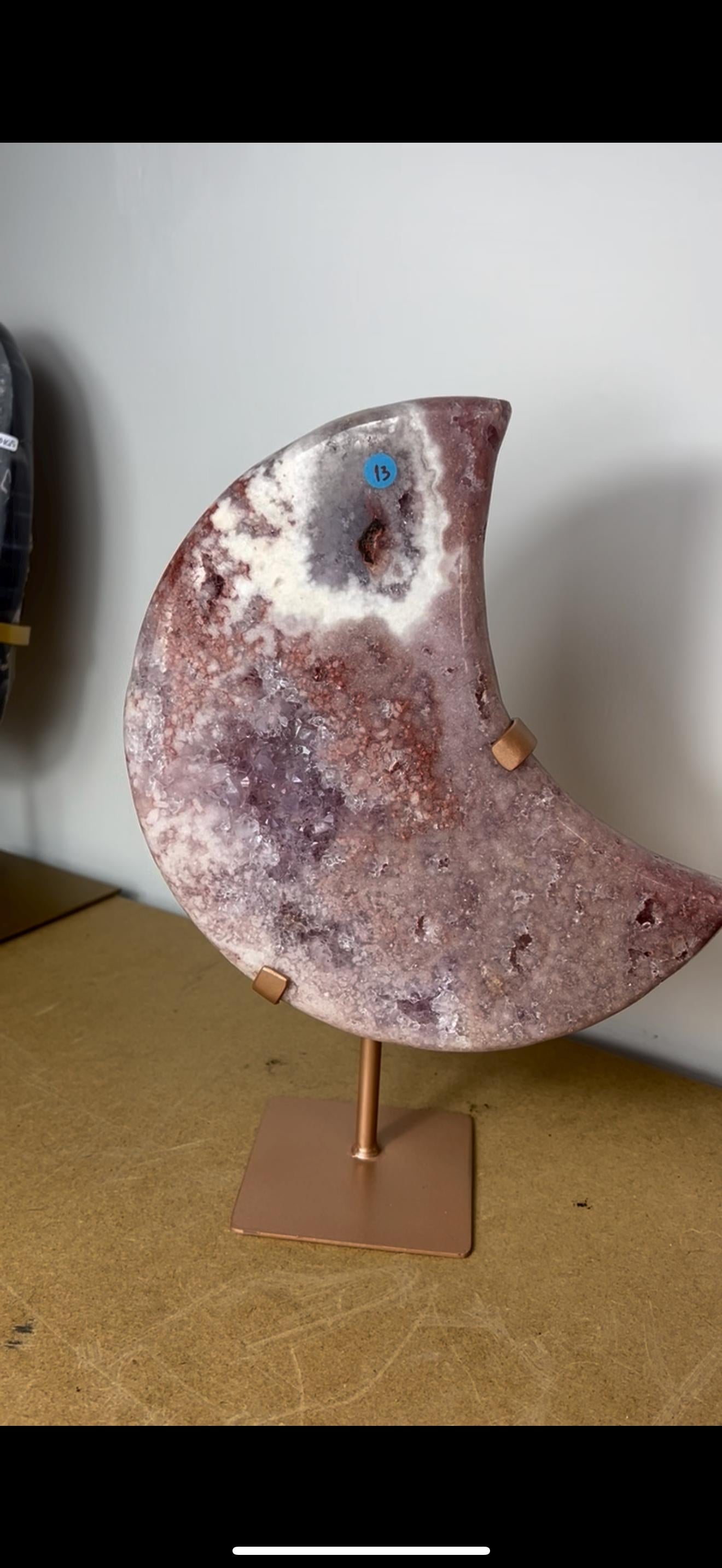 High grade, statement, pink amethyst moon with purple quartz in vibrant pink & red tones with custom stand 2.540kg