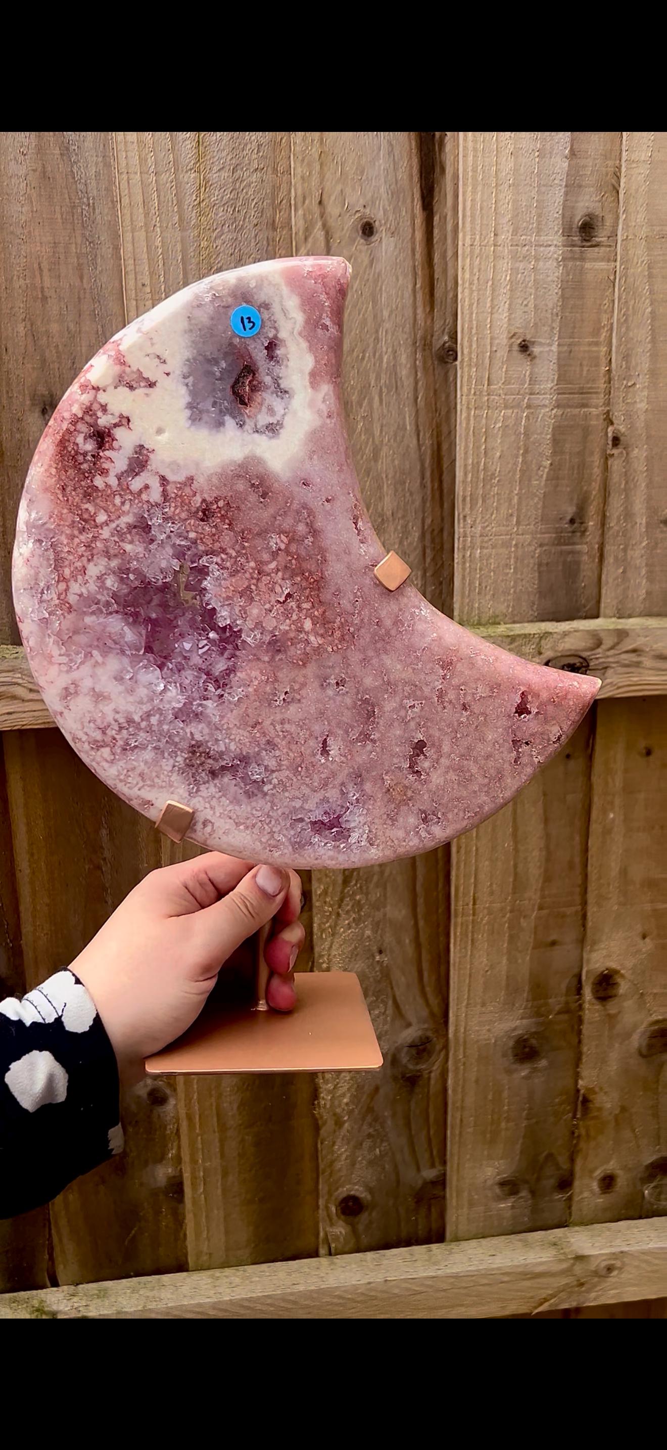 High grade, statement, pink amethyst moon with purple quartz in vibrant pink & red tones with custom stand 2.540kg