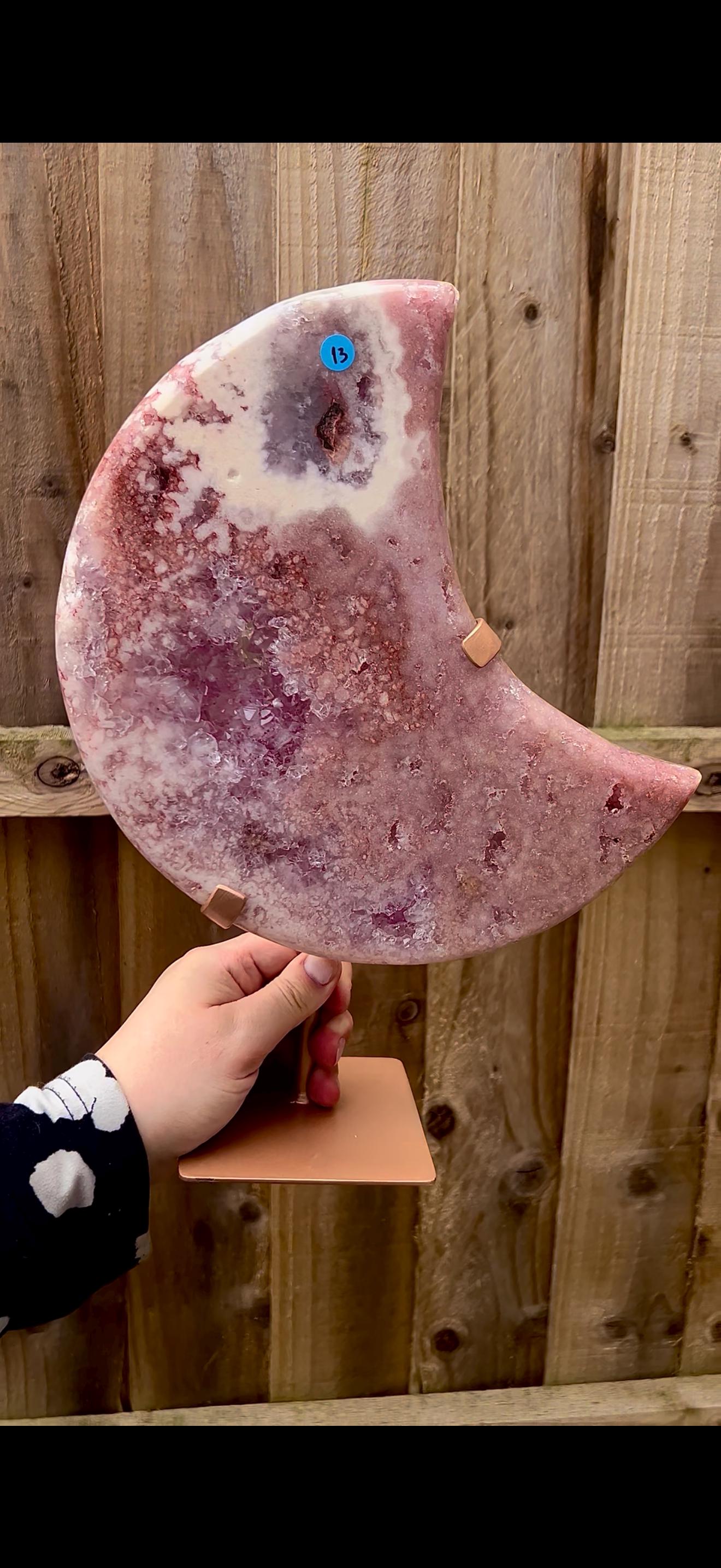 High grade, statement, pink amethyst moon with purple quartz in vibrant pink & red tones with custom stand 2.540kg