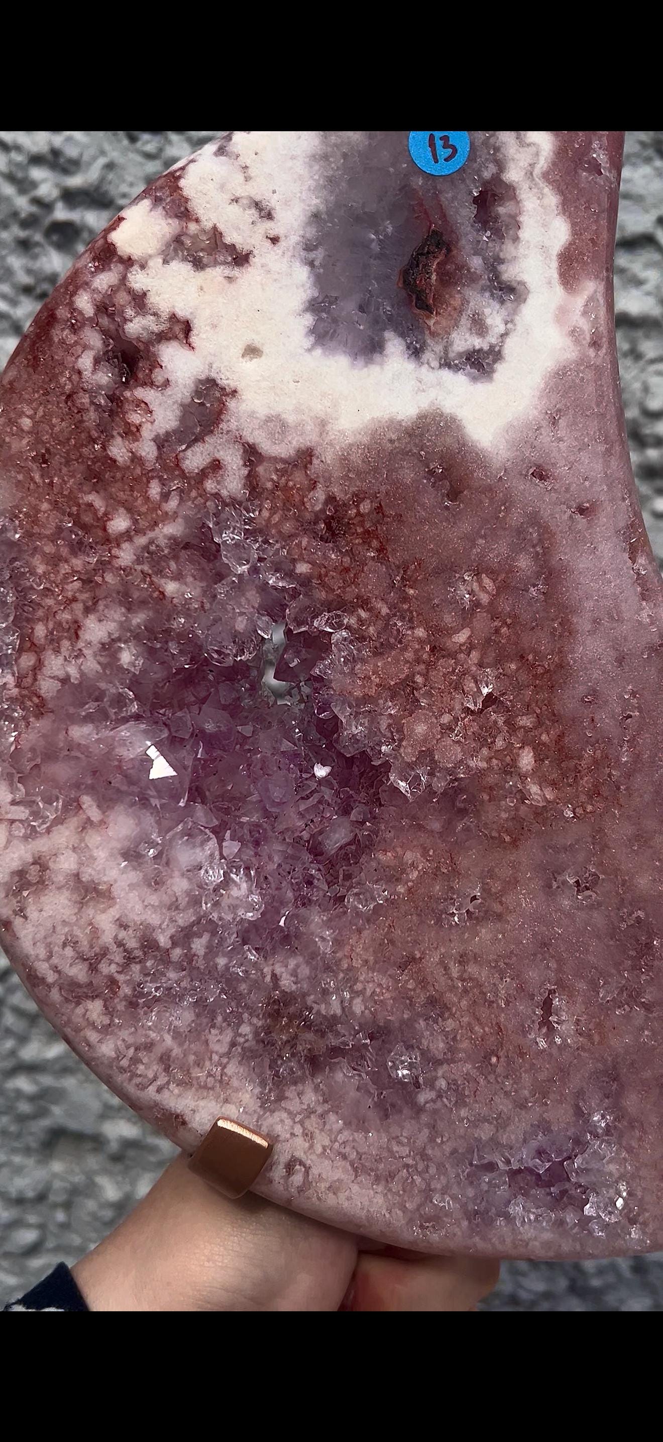 High grade, statement, pink amethyst moon with purple quartz in vibrant pink & red tones with custom stand 2.540kg