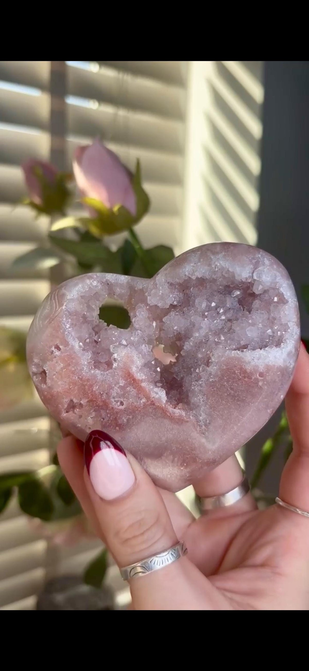 High grade, gorgeous, peach/ baby pink toned , Pink amethyst heart, comes with custom stand