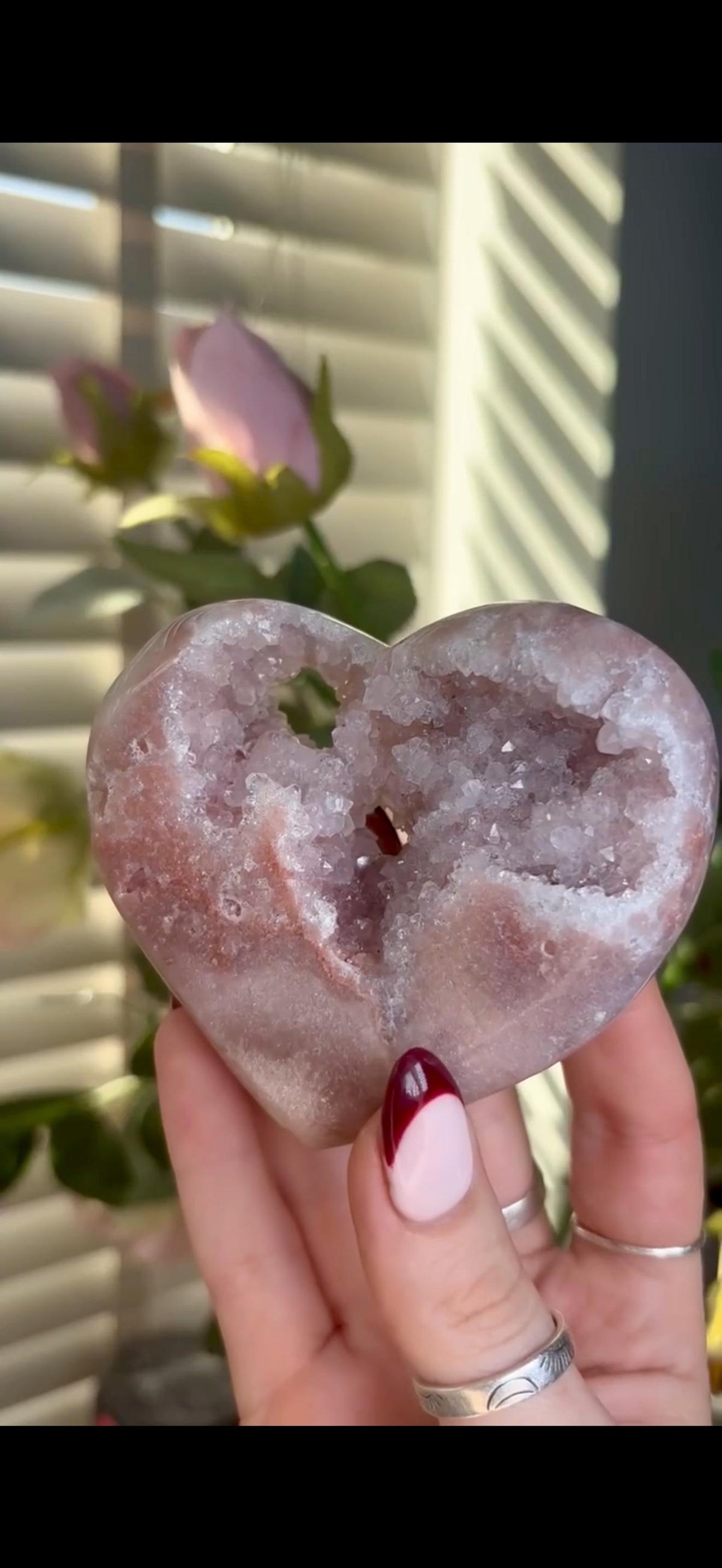 High grade, gorgeous, peach/ baby pink toned , Pink amethyst heart, comes with custom stand