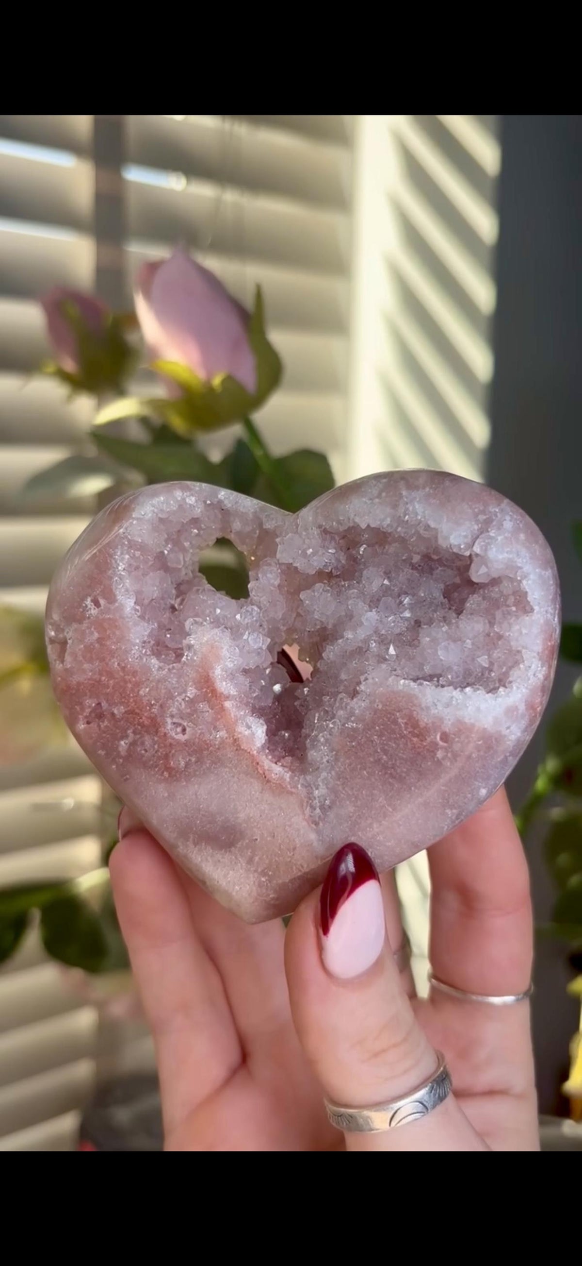 High grade, gorgeous, peach/ baby pink toned , Pink amethyst heart, comes with custom stand