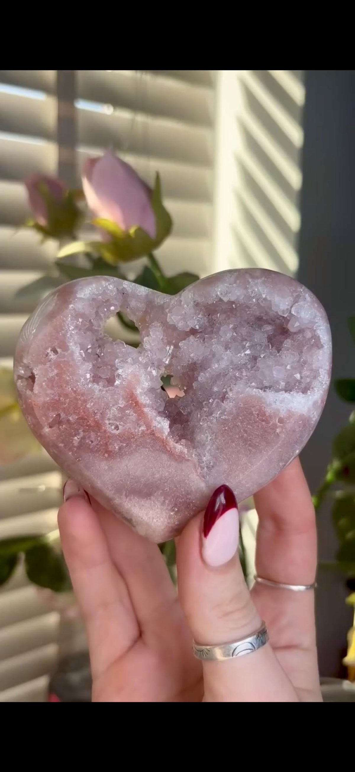 High grade, gorgeous, peach/ baby pink toned , Pink amethyst heart, comes with custom stand