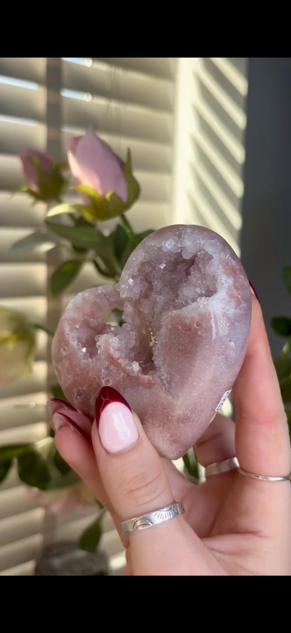 High grade, gorgeous, peach/ baby pink toned , Pink amethyst heart, comes with custom stand