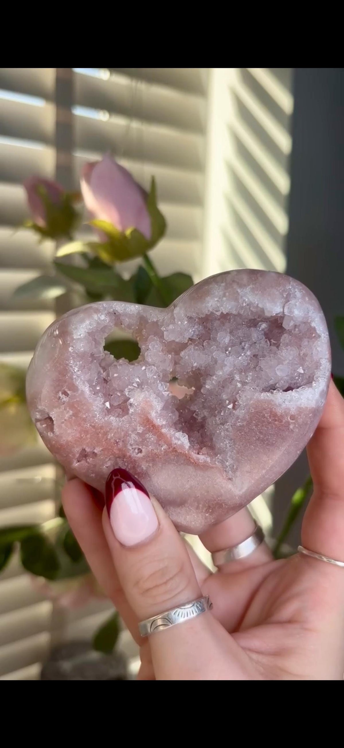 High grade, gorgeous, peach/ baby pink toned , Pink amethyst heart, comes with custom stand