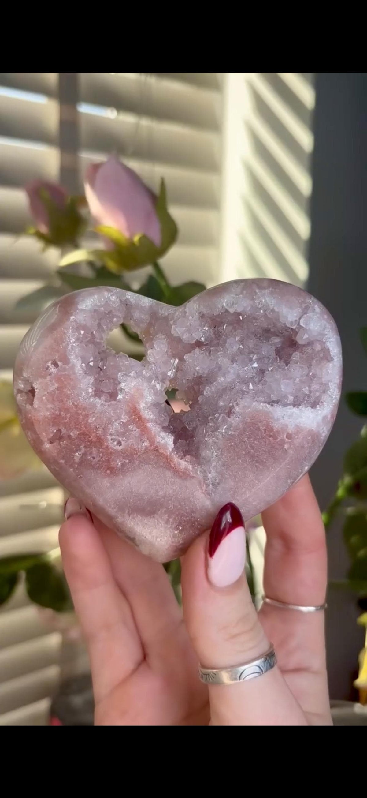 High grade, gorgeous, peach/ baby pink toned , Pink amethyst heart, comes with custom stand