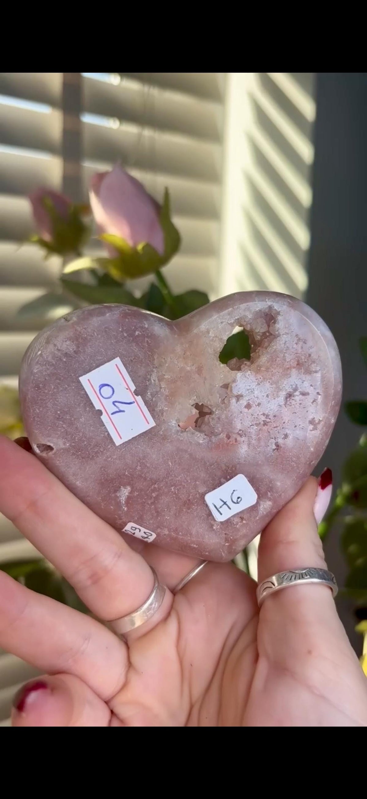 High grade, gorgeous, peach/ baby pink toned , Pink amethyst heart, comes with custom stand