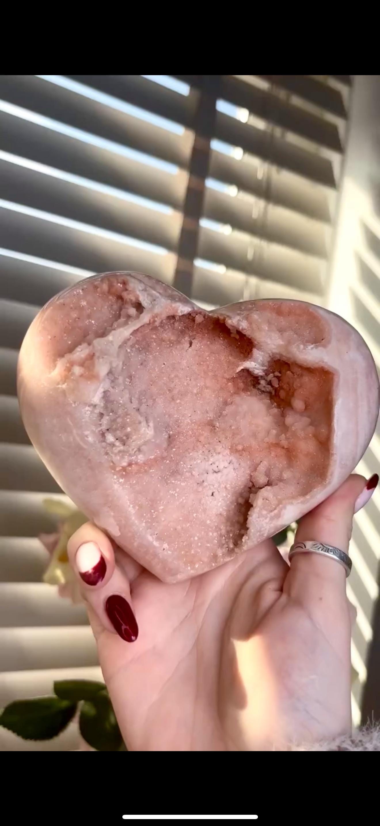 High grade, gorgeous, peach toned , sugar druzy Pink amethyst heart, comes with custom stand 817g