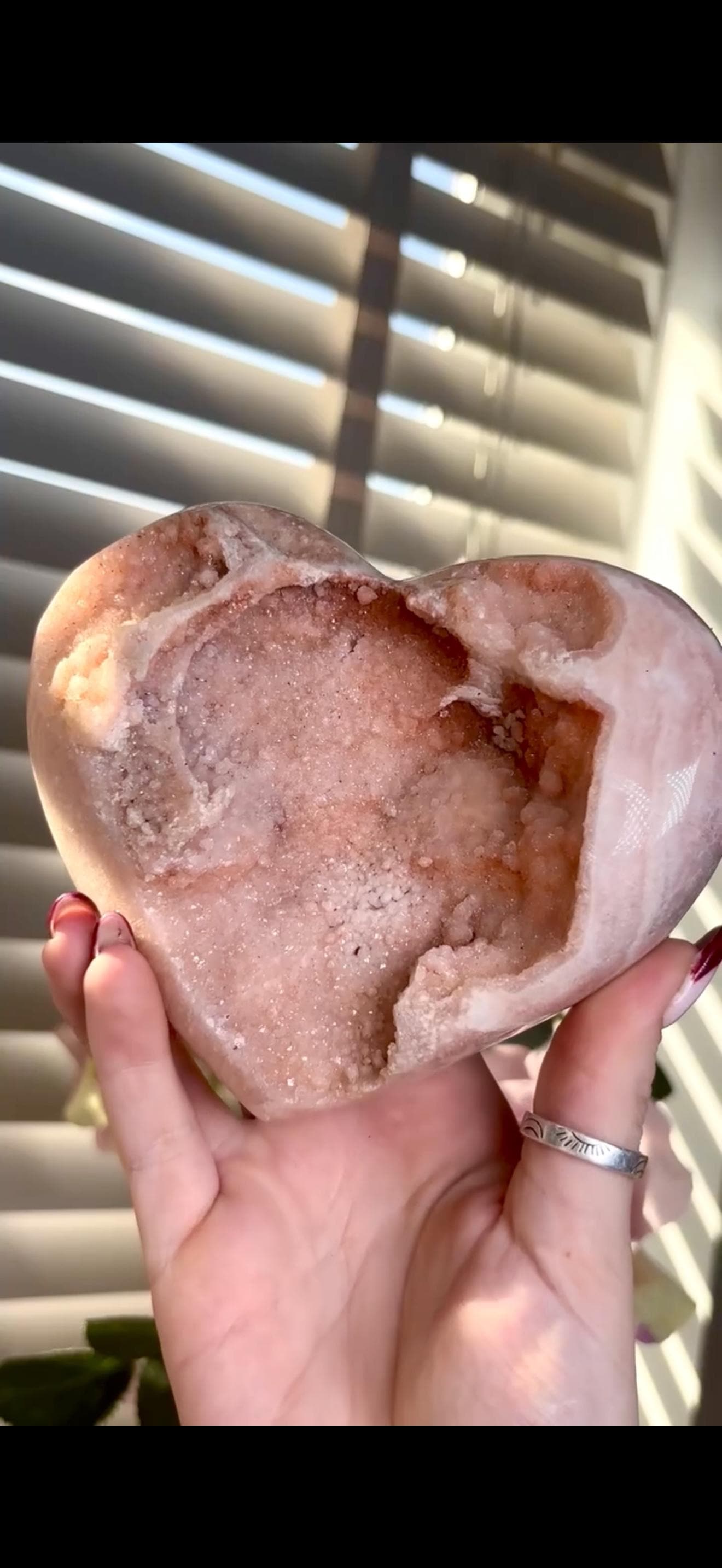 High grade, gorgeous, peach toned , sugar druzy Pink amethyst heart, comes with custom stand 817g