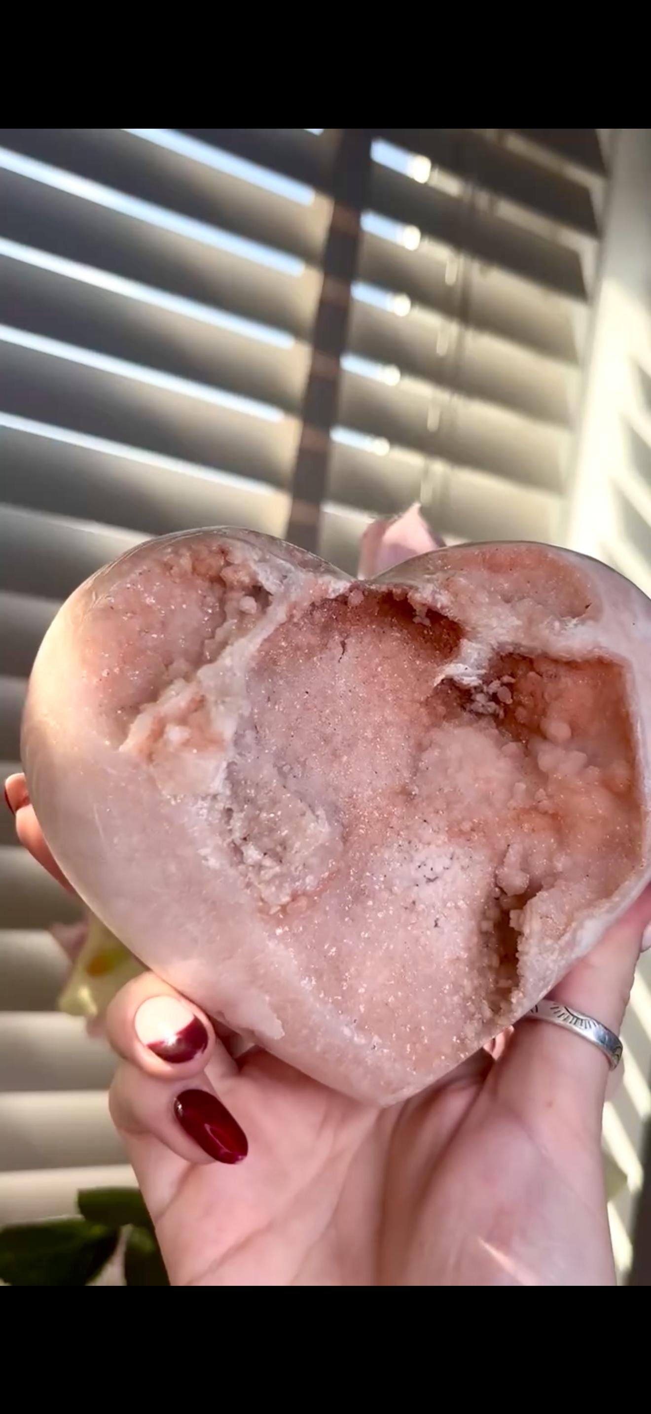 High grade, gorgeous, peach toned , sugar druzy Pink amethyst heart, comes with custom stand 817g