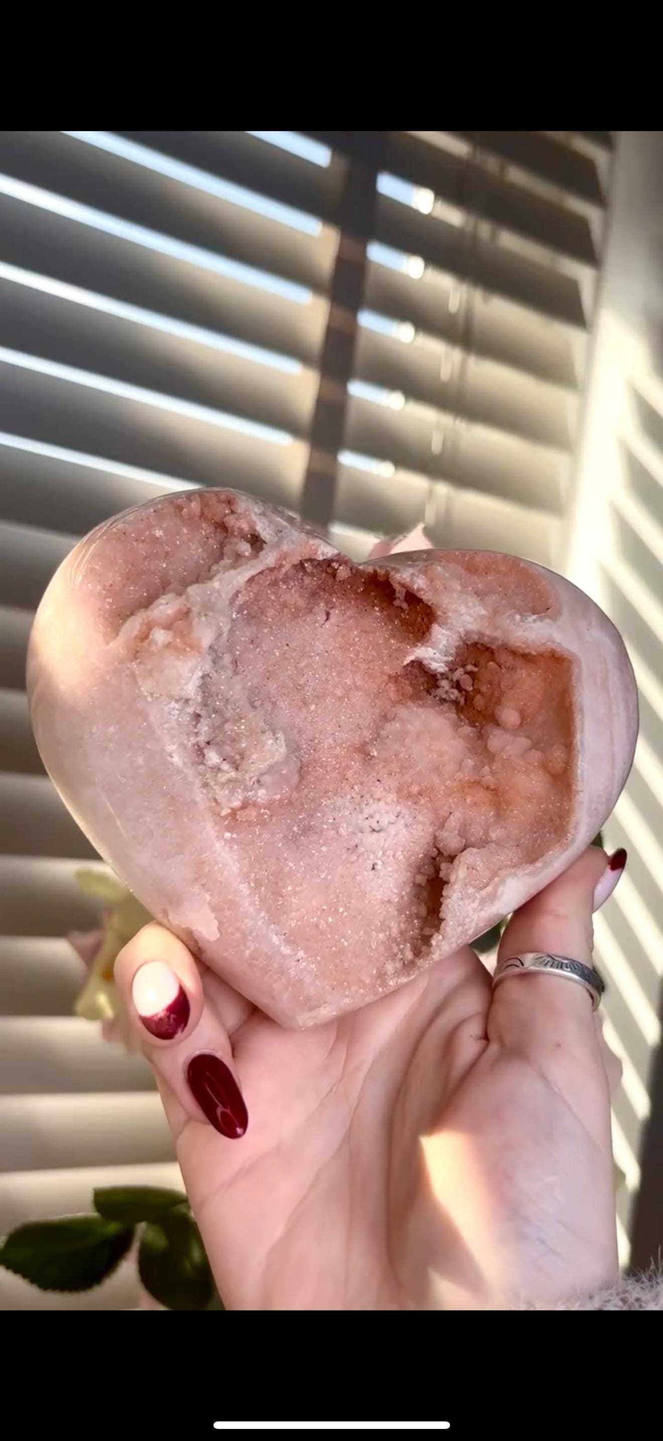 High grade, gorgeous, peach toned , sugar druzy Pink amethyst heart, comes with custom stand 817g