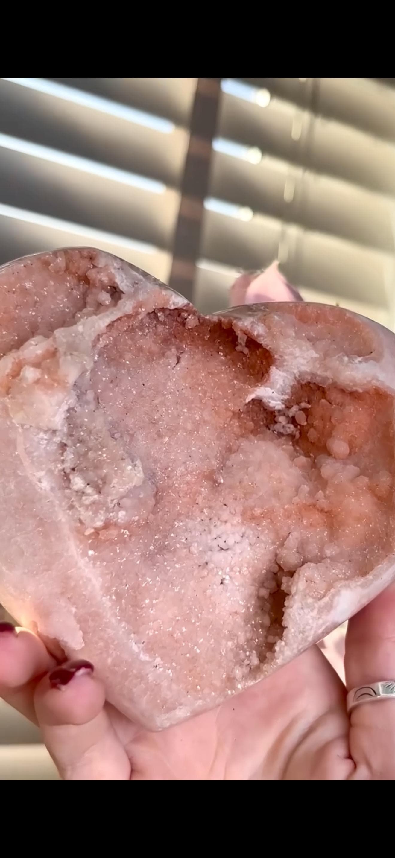 High grade, gorgeous, peach toned , sugar druzy Pink amethyst heart, comes with custom stand 817g