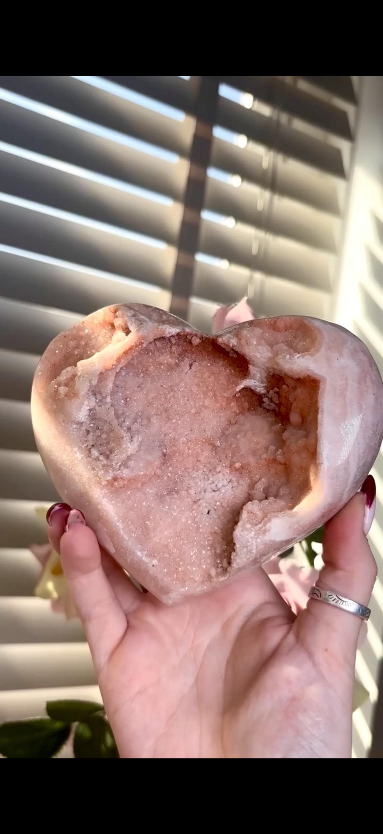 High grade, gorgeous, peach toned , sugar druzy Pink amethyst heart, comes with custom stand 817g