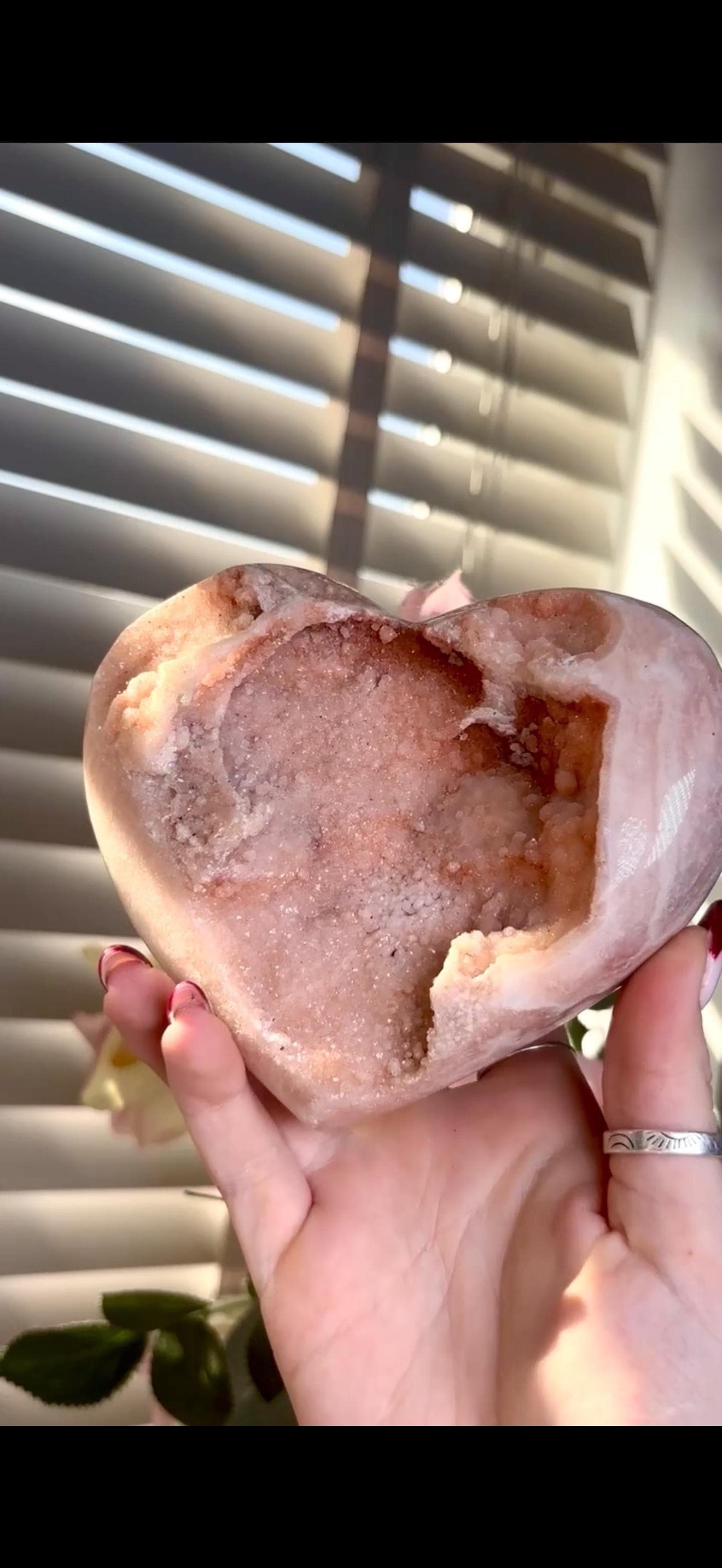 High grade, gorgeous, peach toned , sugar druzy Pink amethyst heart, comes with custom stand 817g