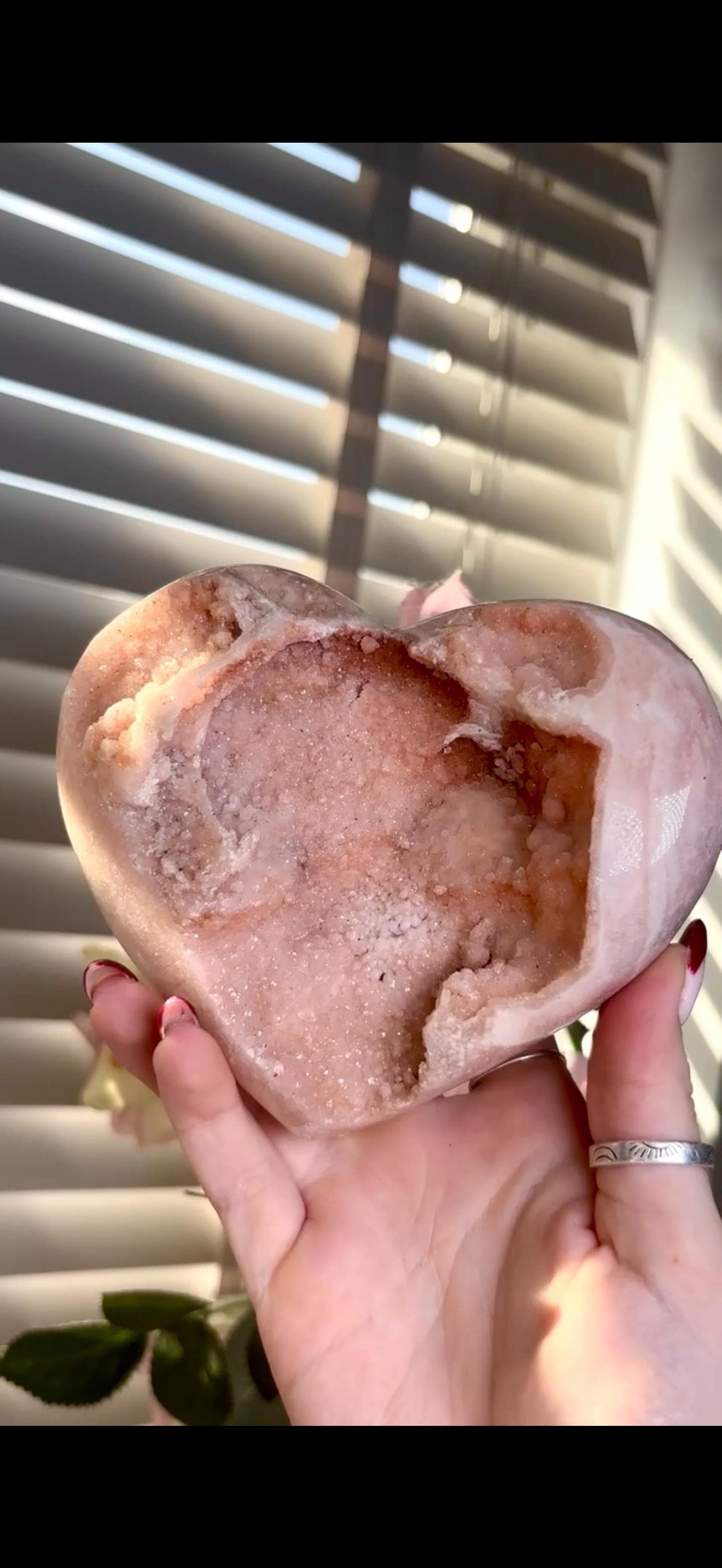 High grade, gorgeous, peach toned , sugar druzy Pink amethyst heart, comes with custom stand 817g