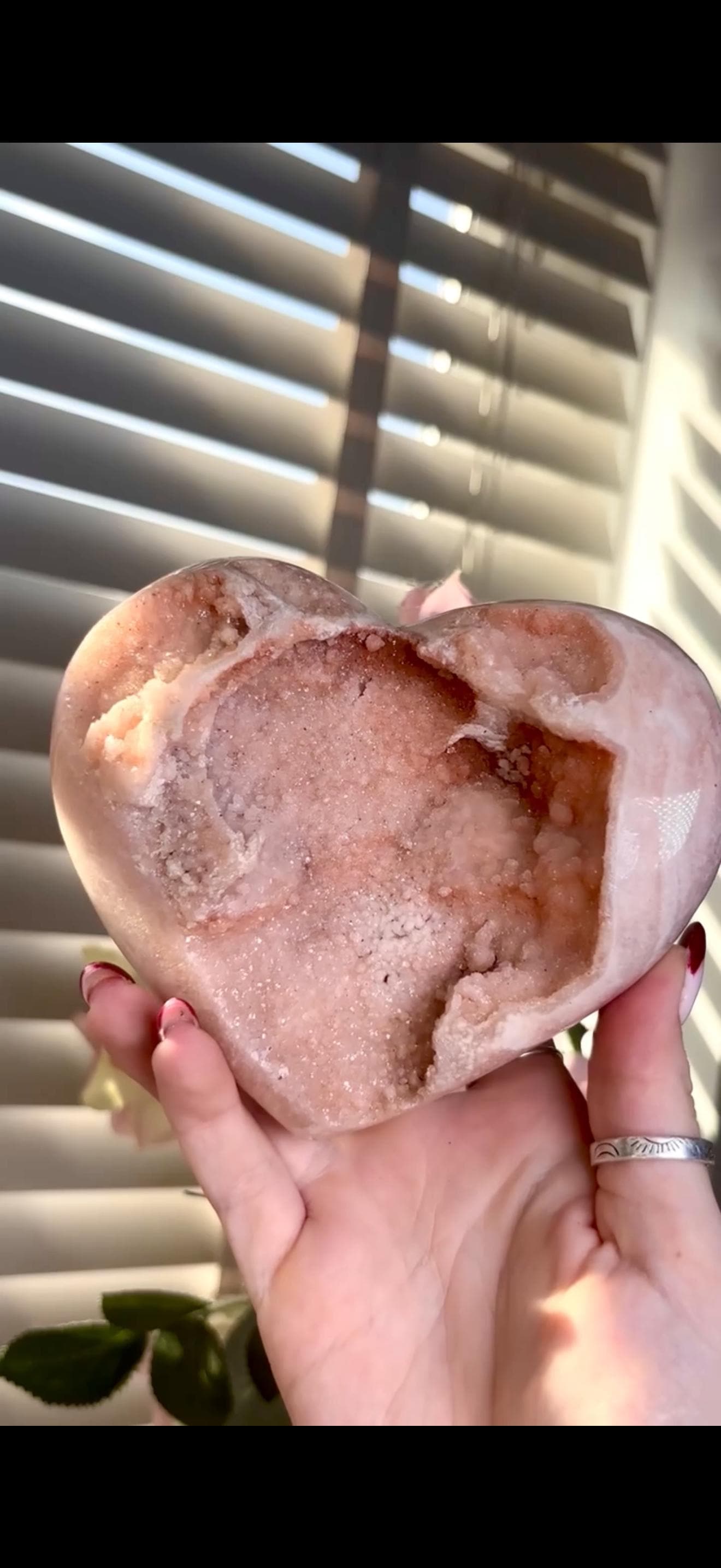 High grade, gorgeous, peach toned , sugar druzy Pink amethyst heart, comes with custom stand 817g