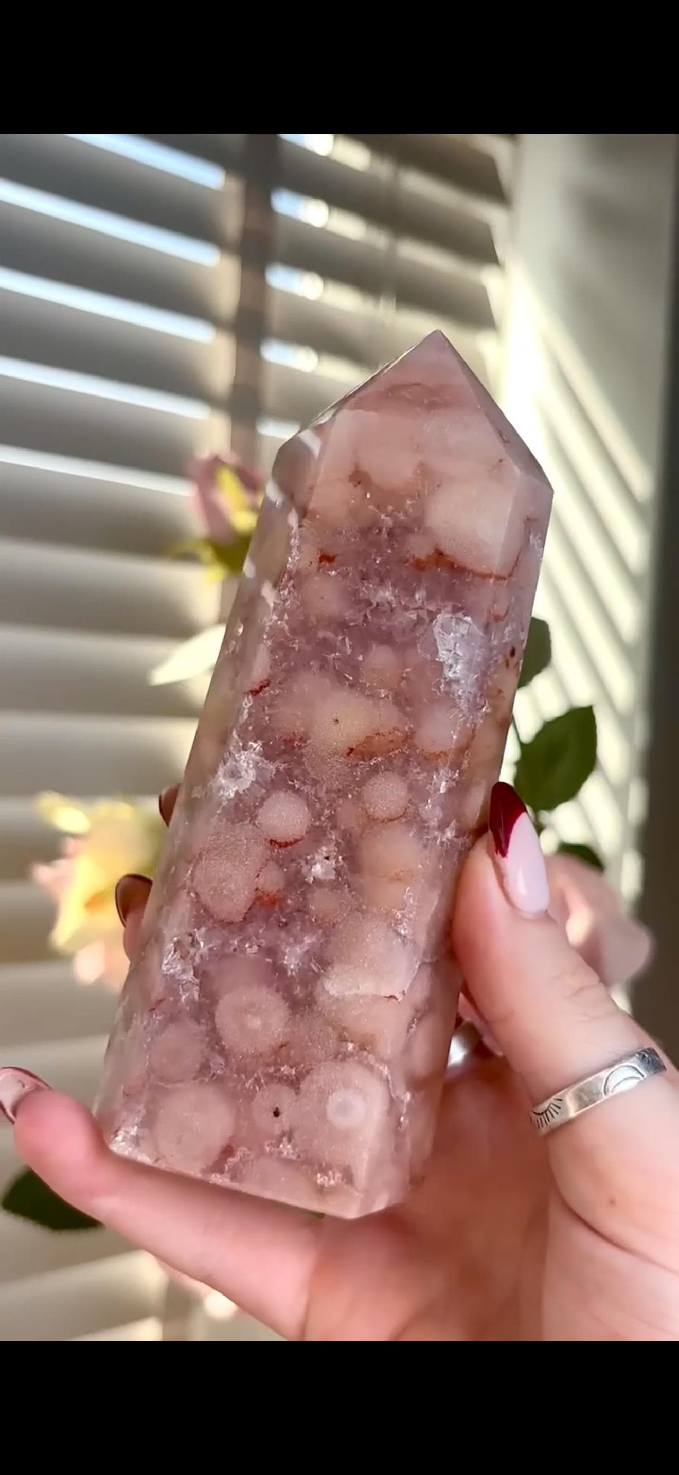 Pink amethyst tower with orb formations & quartz Druze 257g 12cm by 4.4cm
