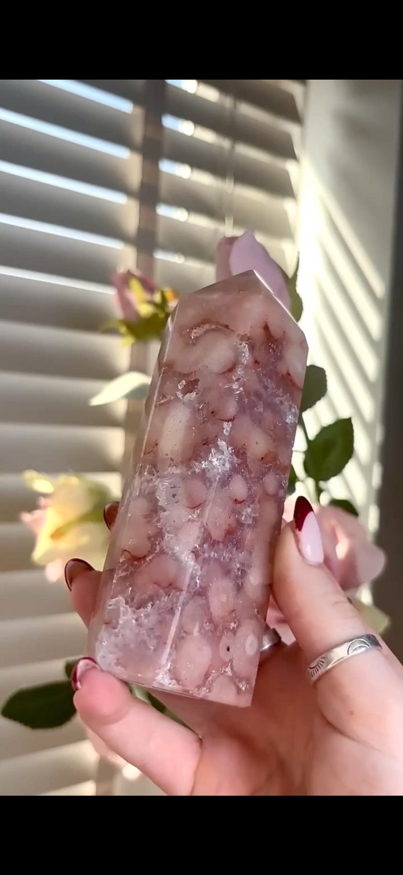 Pink amethyst tower with orb formations & quartz Druze 257g 12cm by 4.4cm