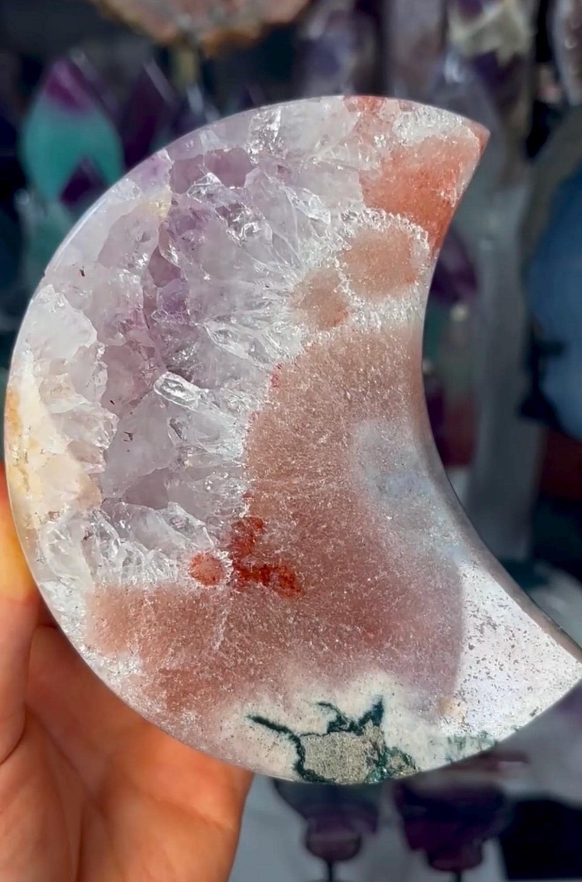 High grade, polished pink amethyst moon with red hematite, Green jasper and purple quartz - comes with pedestal stand