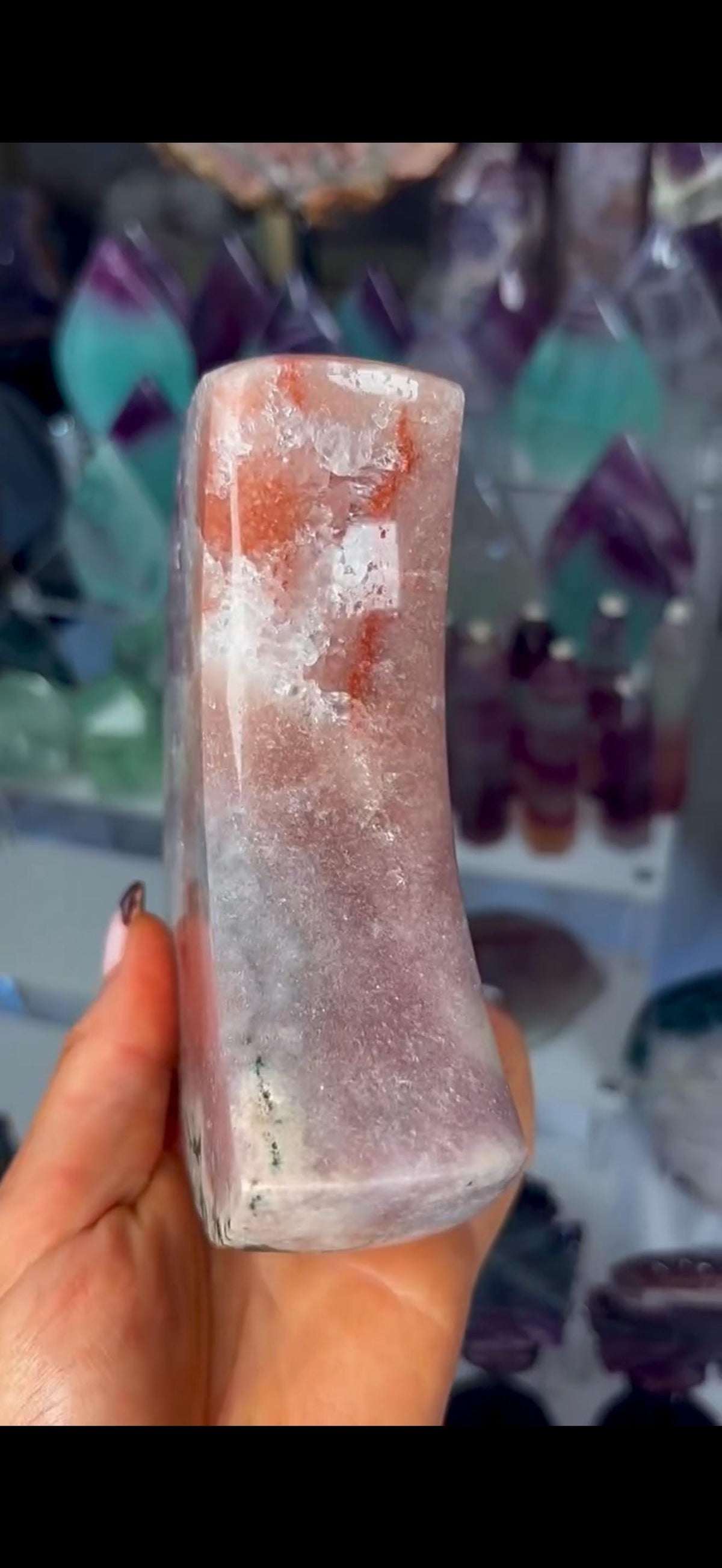 High grade, polished pink amethyst moon with red hematite, Green jasper and purple quartz - comes with pedestal stand