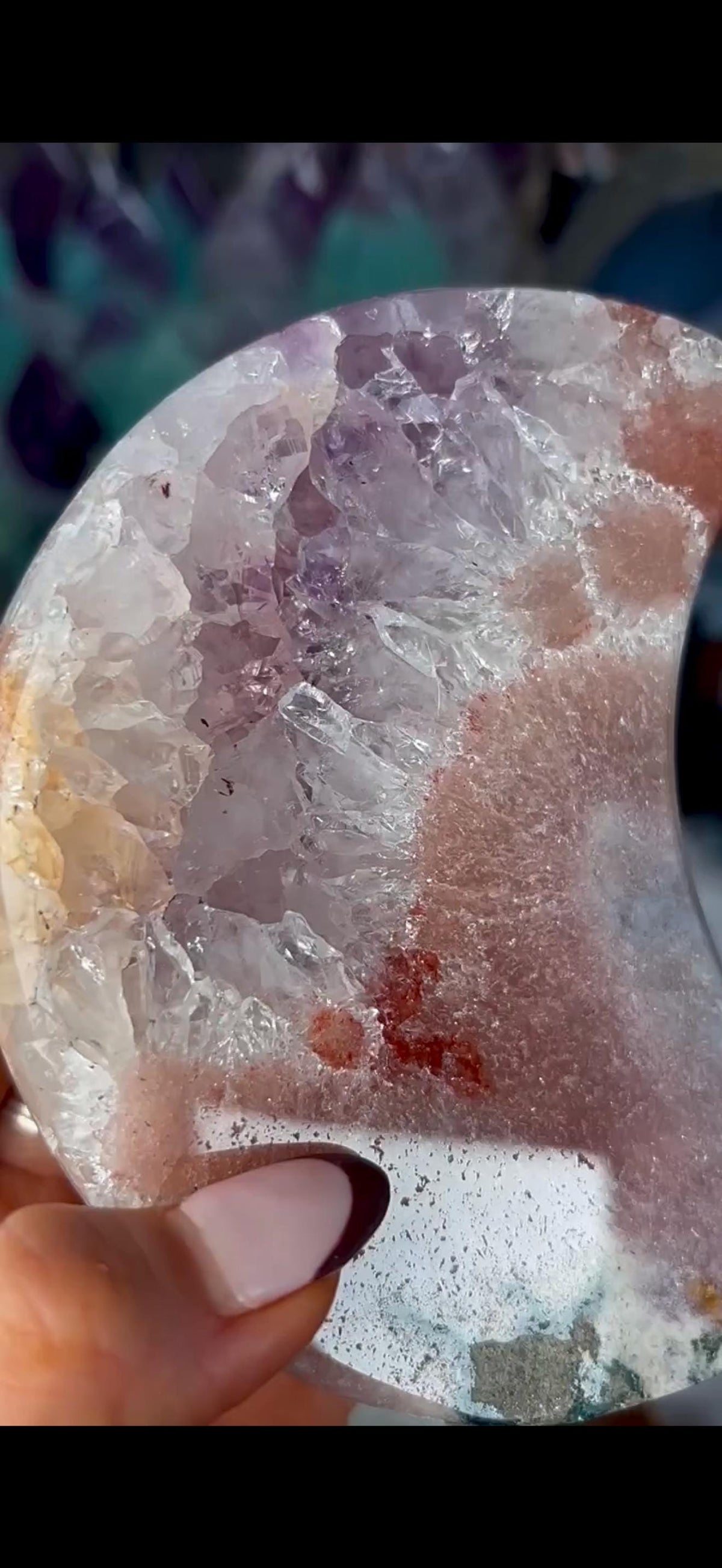 High grade, polished pink amethyst moon with red hematite, Green jasper and purple quartz - comes with pedestal stand