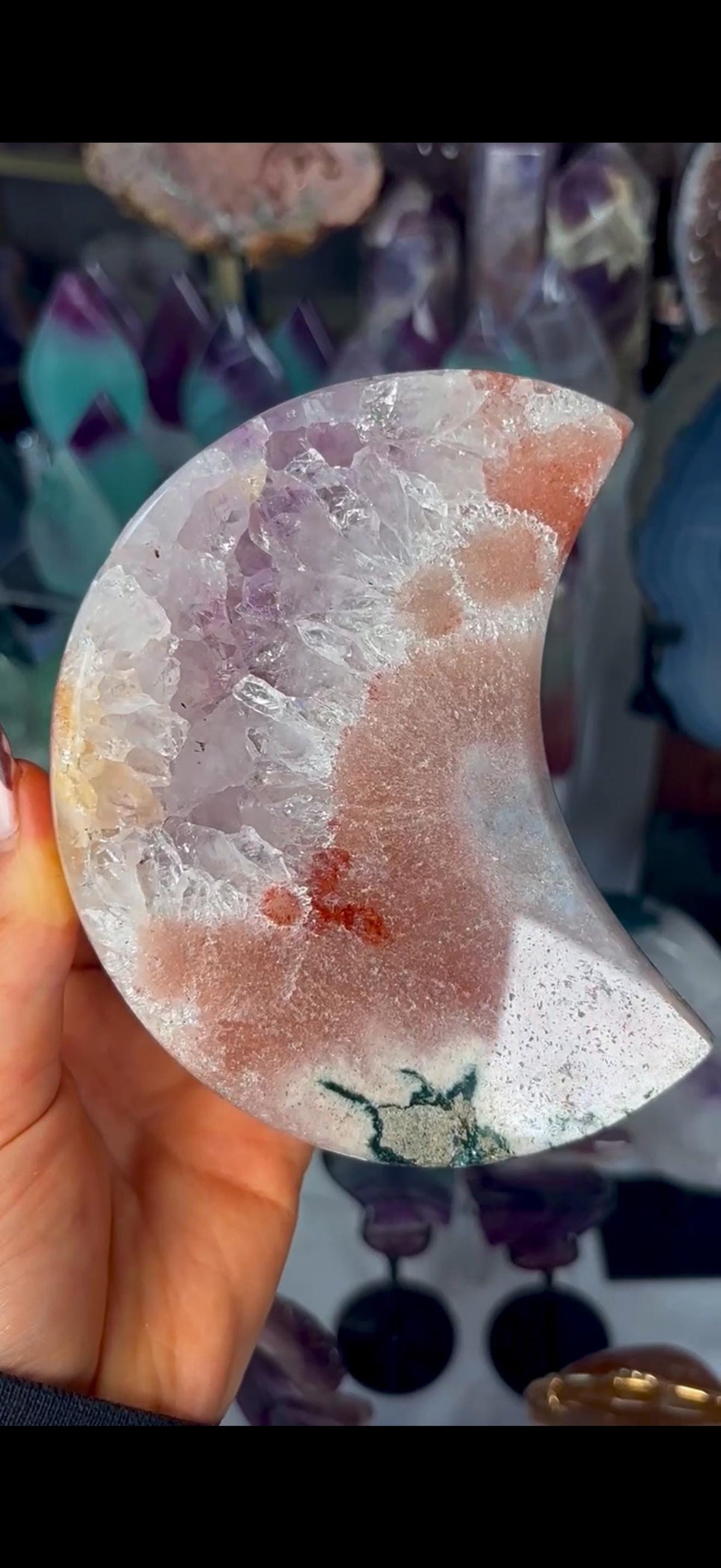 High grade, polished pink amethyst moon with red hematite, Green jasper and purple quartz - comes with pedestal stand
