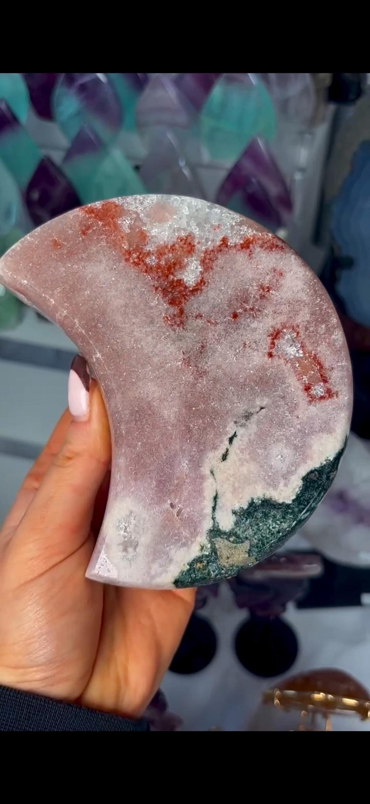 High grade, polished pink amethyst moon with red hematite, Green jasper and purple quartz - comes with pedestal stand