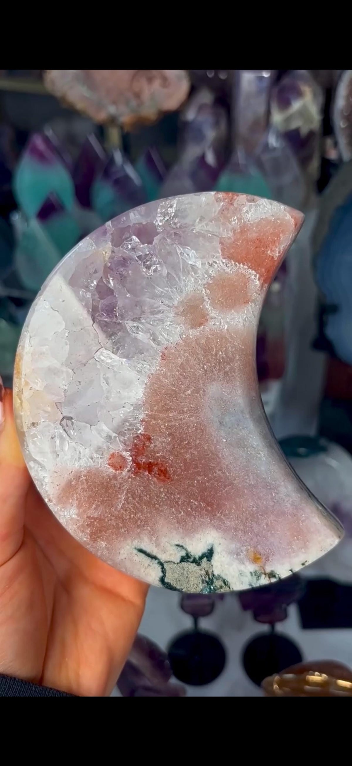 High grade, polished pink amethyst moon with red hematite, Green jasper and purple quartz - comes with pedestal stand