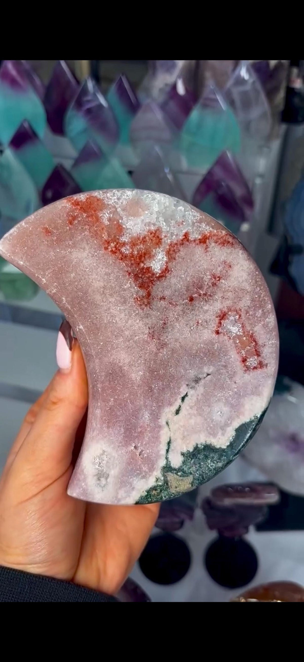 High grade, polished pink amethyst moon with red hematite, Green jasper and purple quartz - comes with pedestal stand