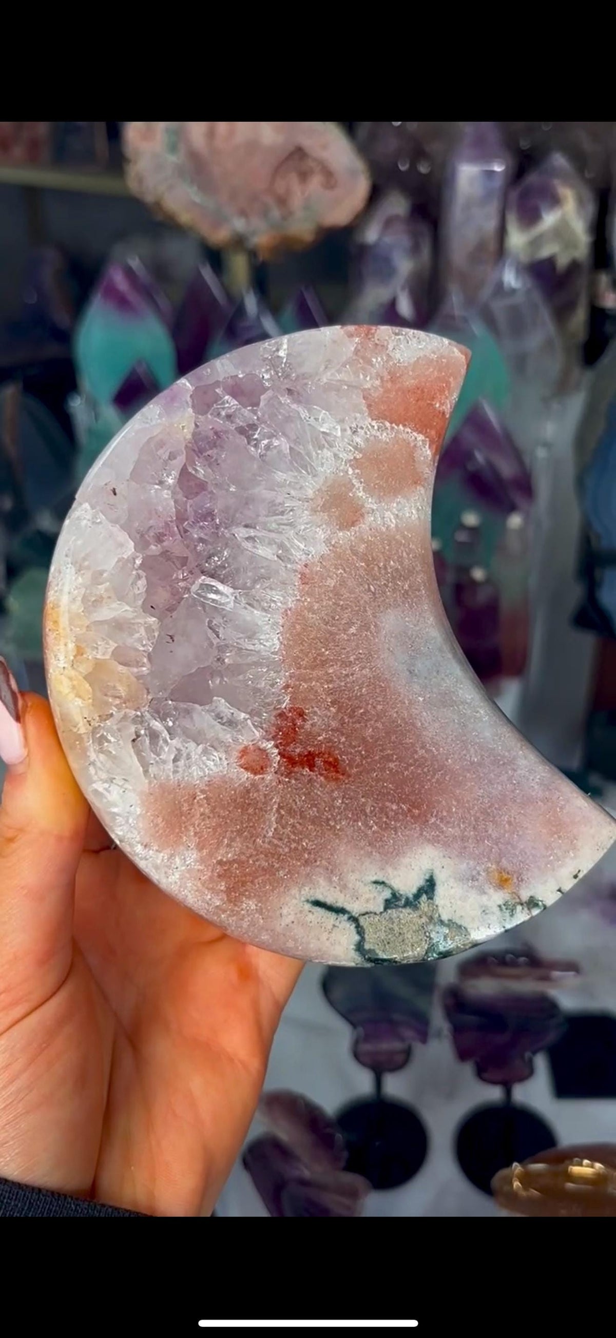 High grade, polished pink amethyst moon with red hematite, Green jasper and purple quartz - comes with pedestal stand