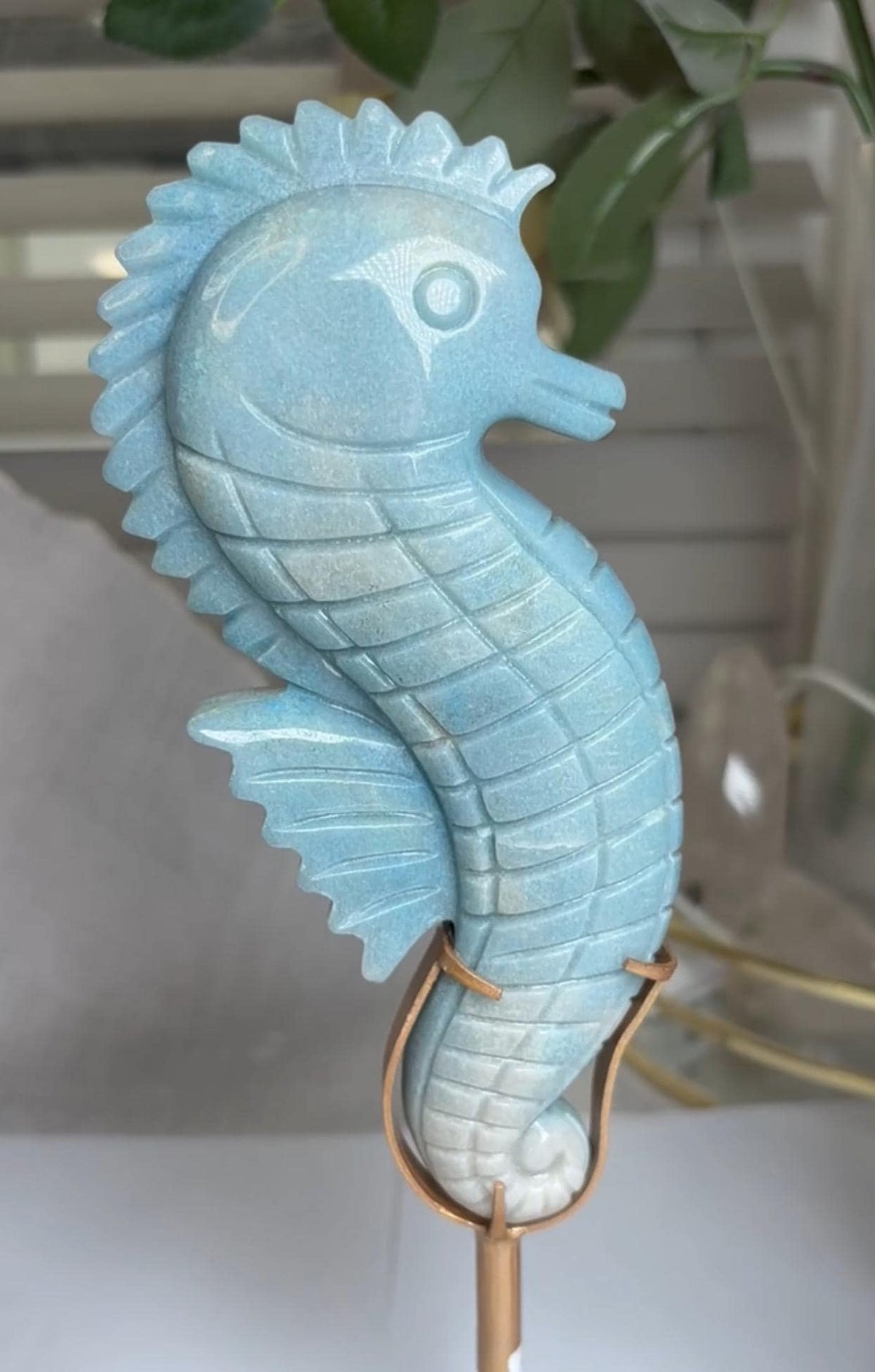 Gorgeous blue trolliete, sea horse - on custom stand
