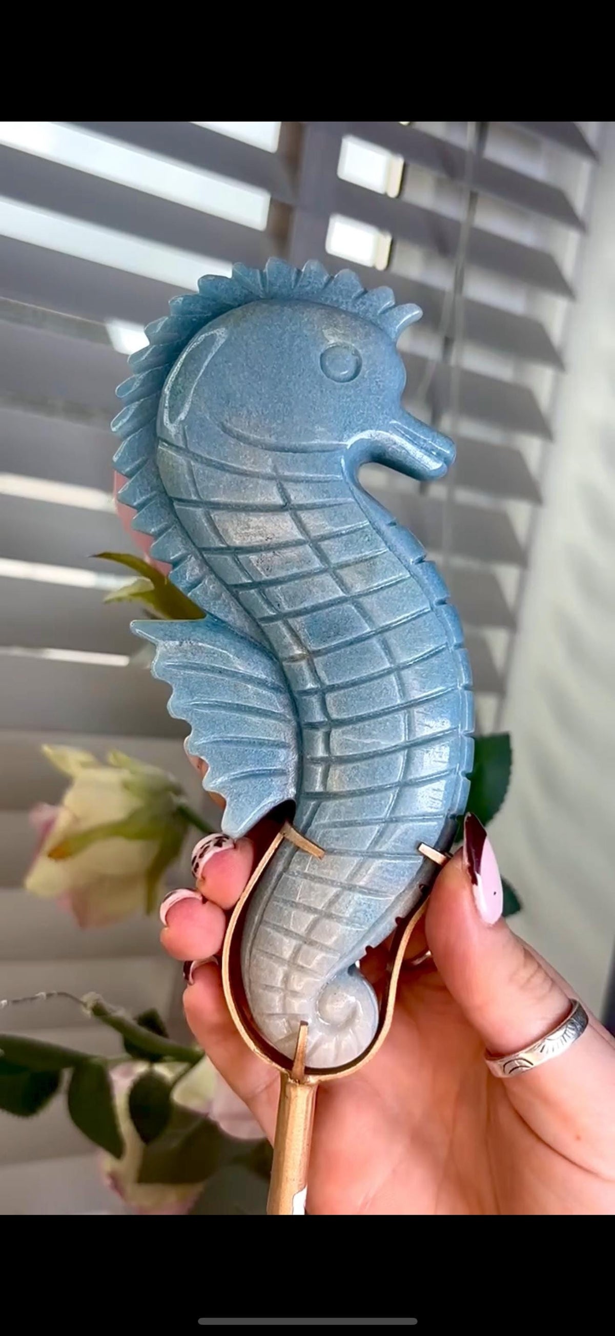 Gorgeous blue trolliete, sea horse - on custom stand