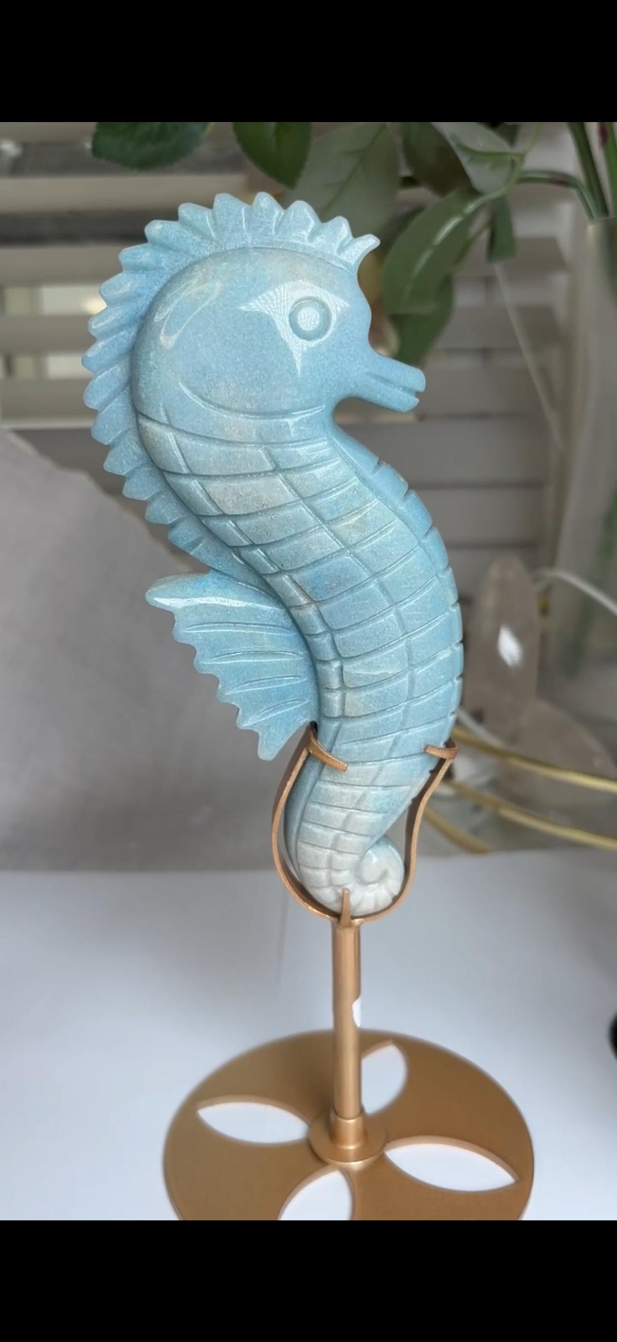 Gorgeous blue trolliete, sea horse - on custom stand