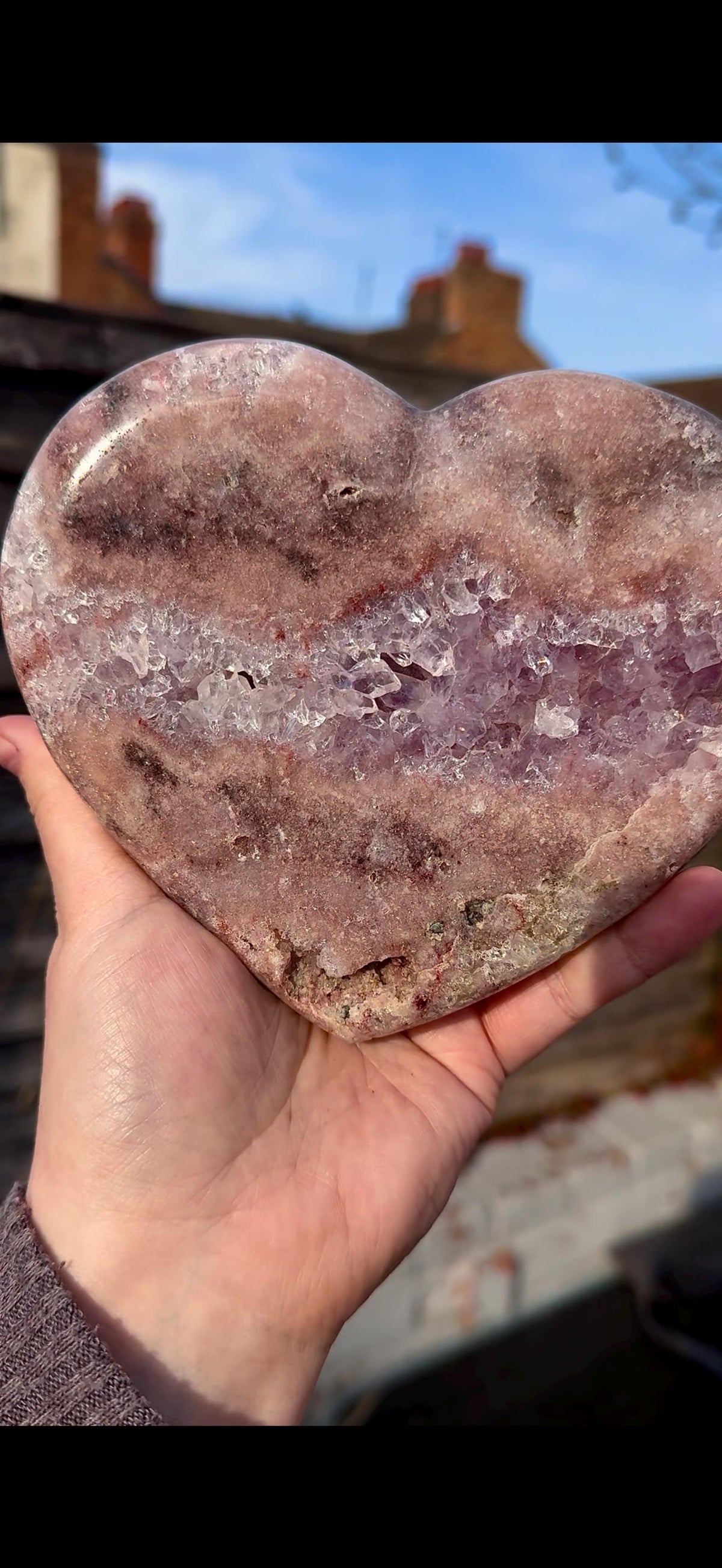 high quality, statement pink amethyst heart with purple quartz - comes with a custom stand