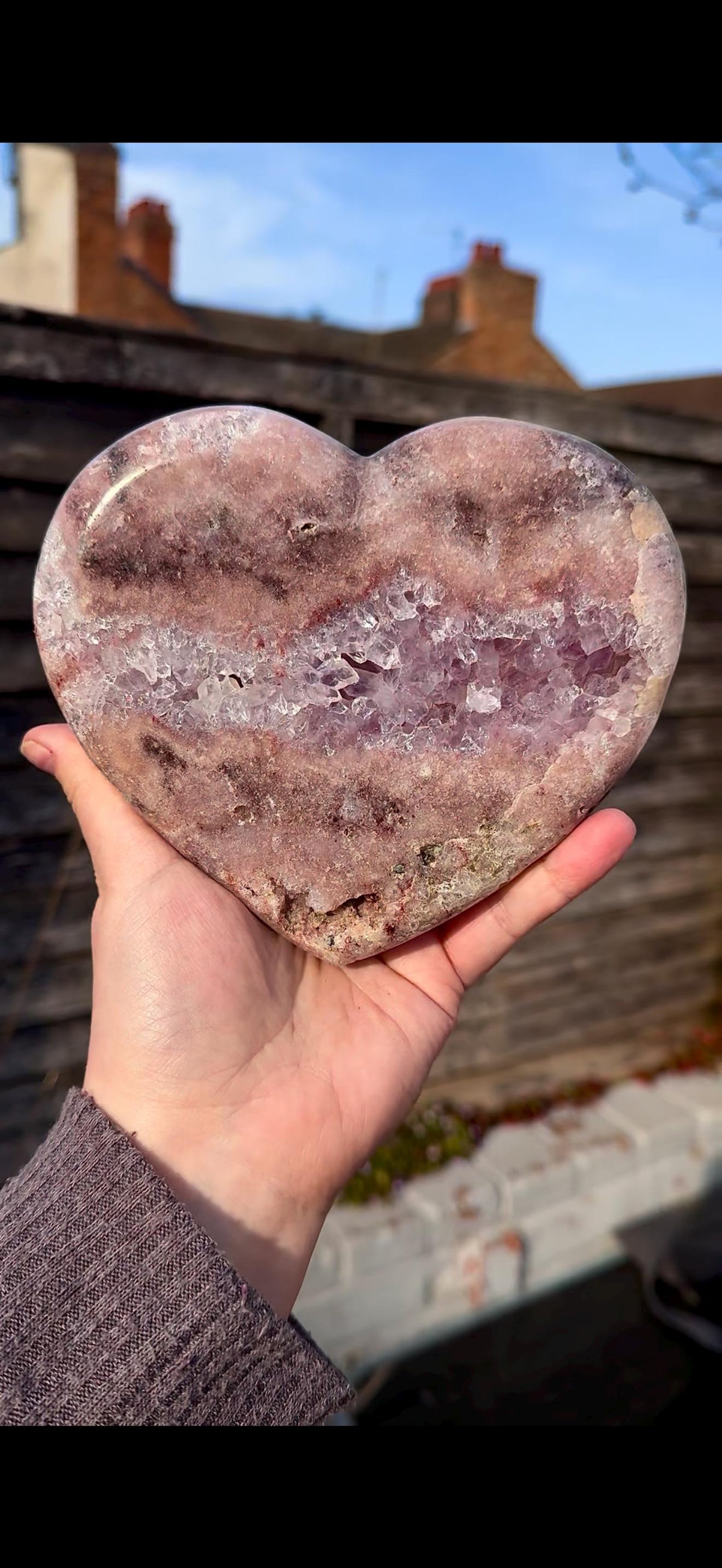 high quality, statement pink amethyst heart with purple quartz - comes with a custom stand