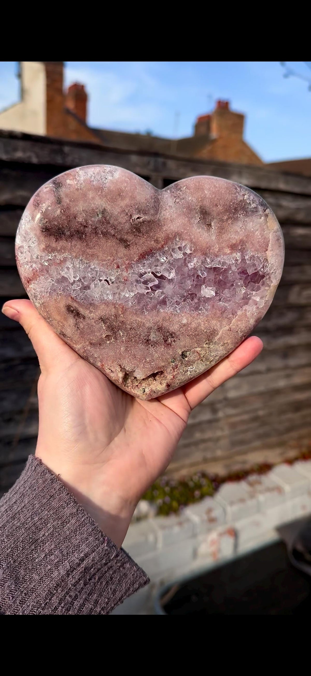 high quality, statement pink amethyst heart with purple quartz - comes with a custom stand