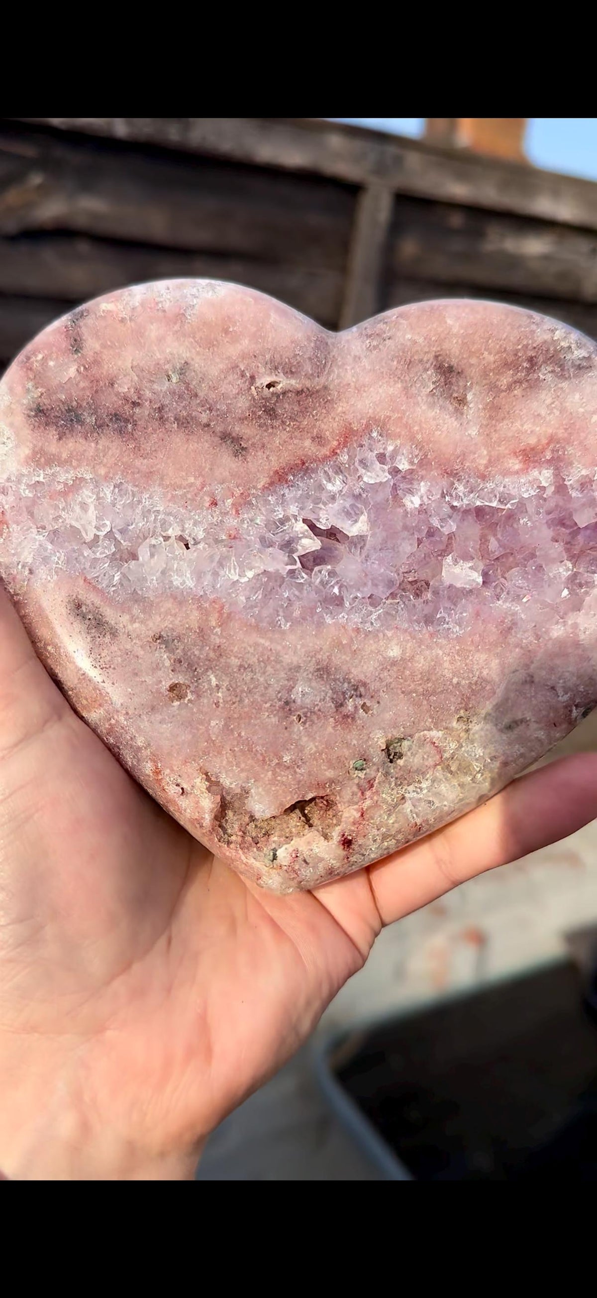 high quality, statement pink amethyst heart with purple quartz - comes with a custom stand